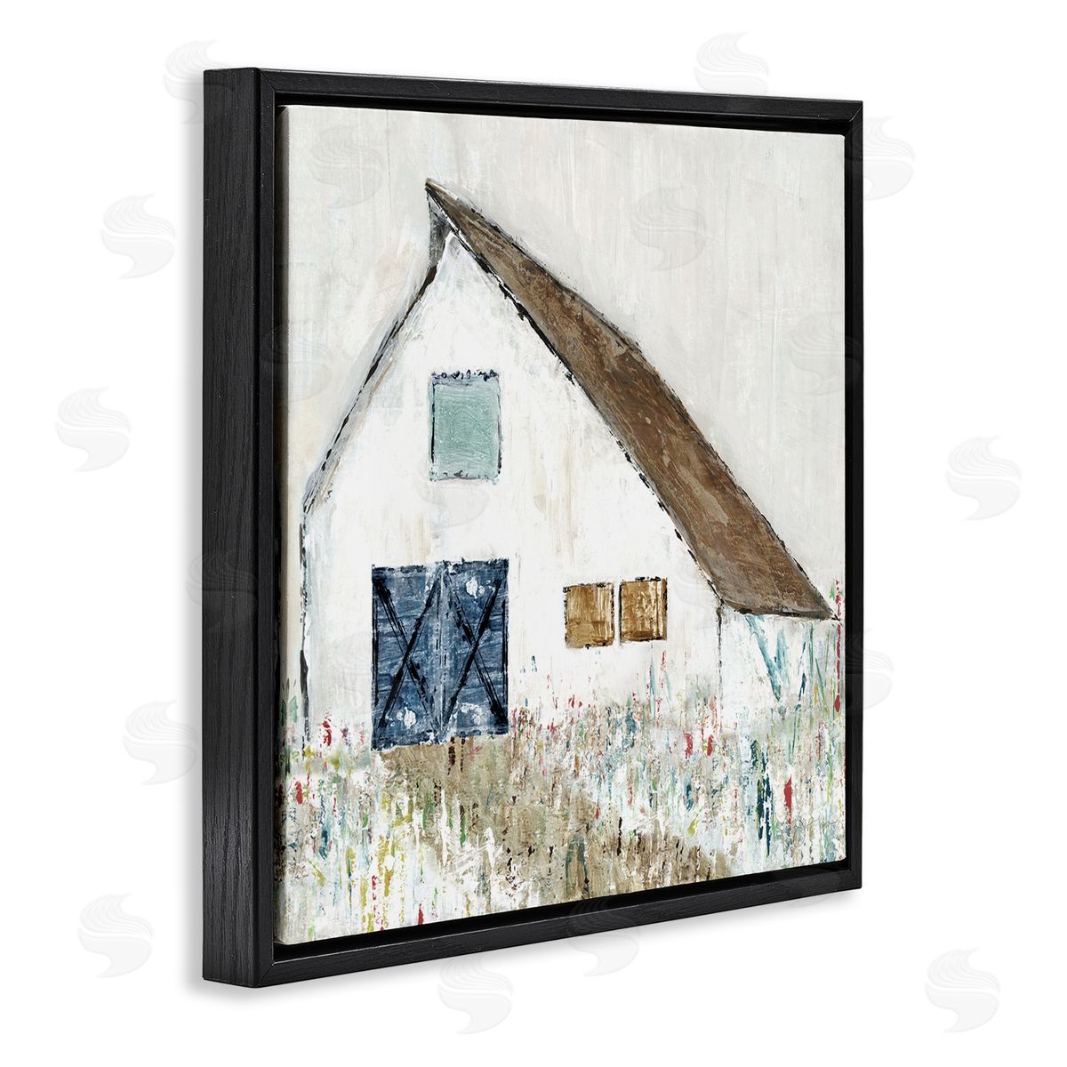 Tava Studios Countryside White Barn Abstract Flower Meadow Nature Black Floating Frame Canvas Wall Art Print