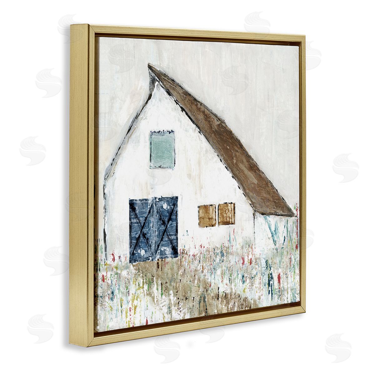 Tava Studios Countryside White Barn Abstract Flower Meadow Nature Gold Floating Frame Canvas Wall Art Print