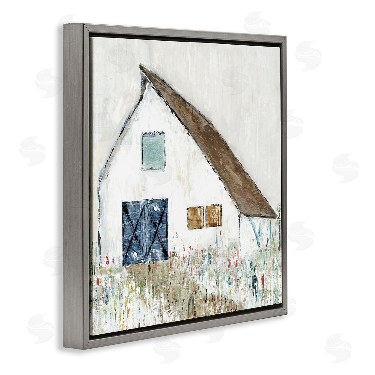 Tava Studios Countryside White Barn Abstract Flower Meadow Nature Gray Floating Frame Canvas Wall Art Print