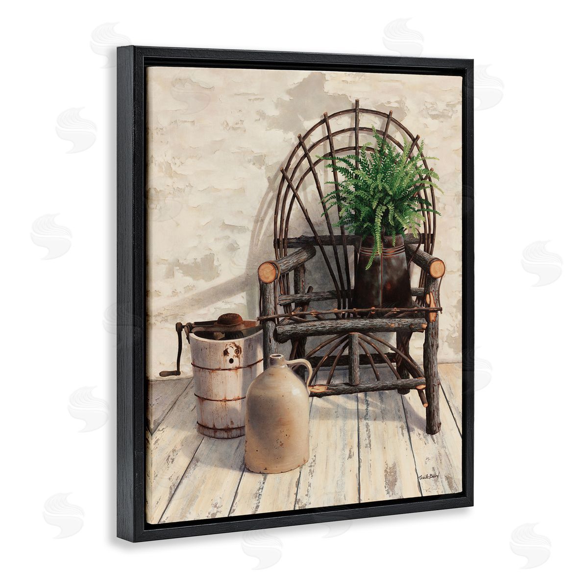 Cecile Baird Comfortable Porch Chair Still Life Rural Plant Black Floating Frame Canvas Wall Art Print