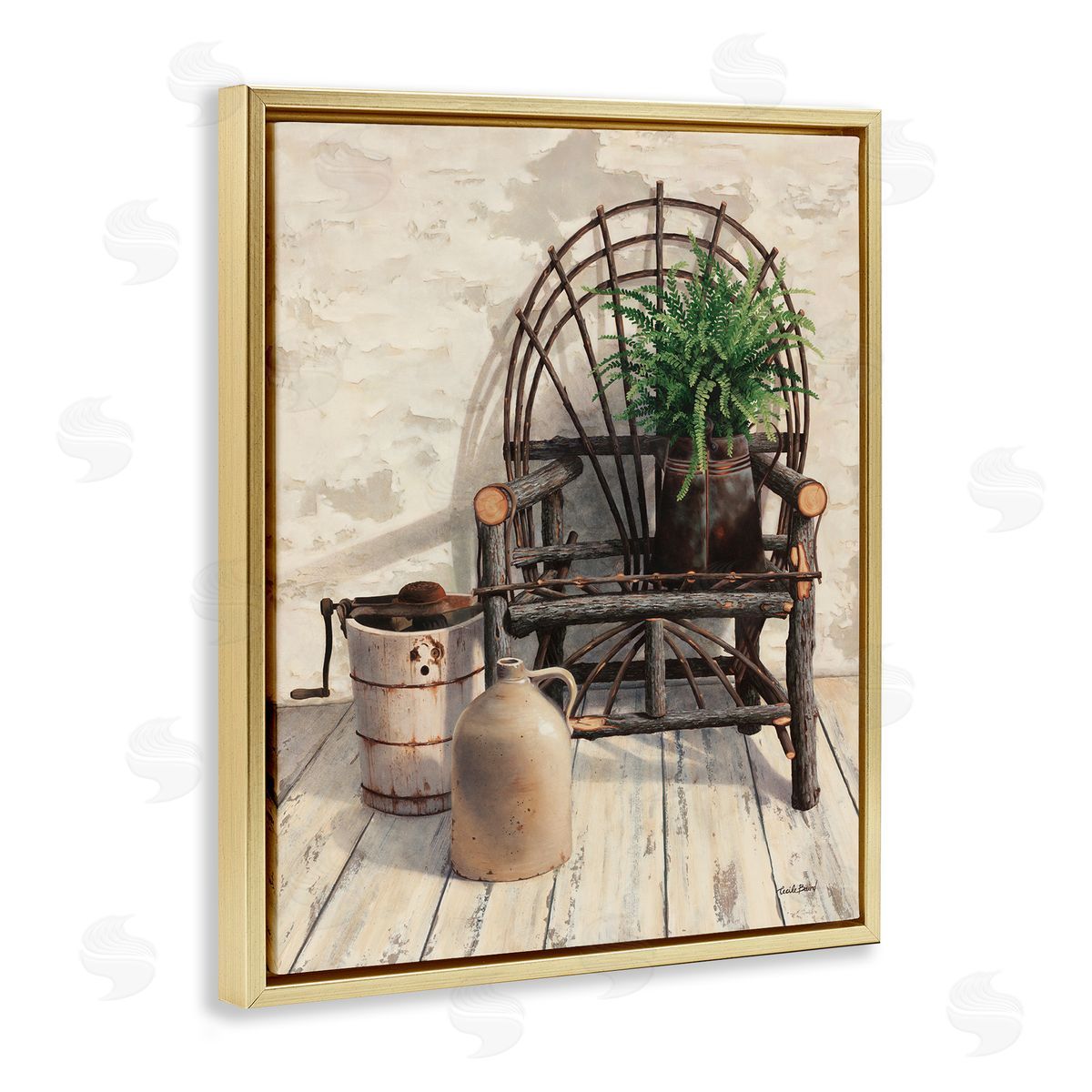 Cecile Baird Comfortable Porch Chair Still Life Rural Plant Gold Floating Frame Canvas Wall Art Print