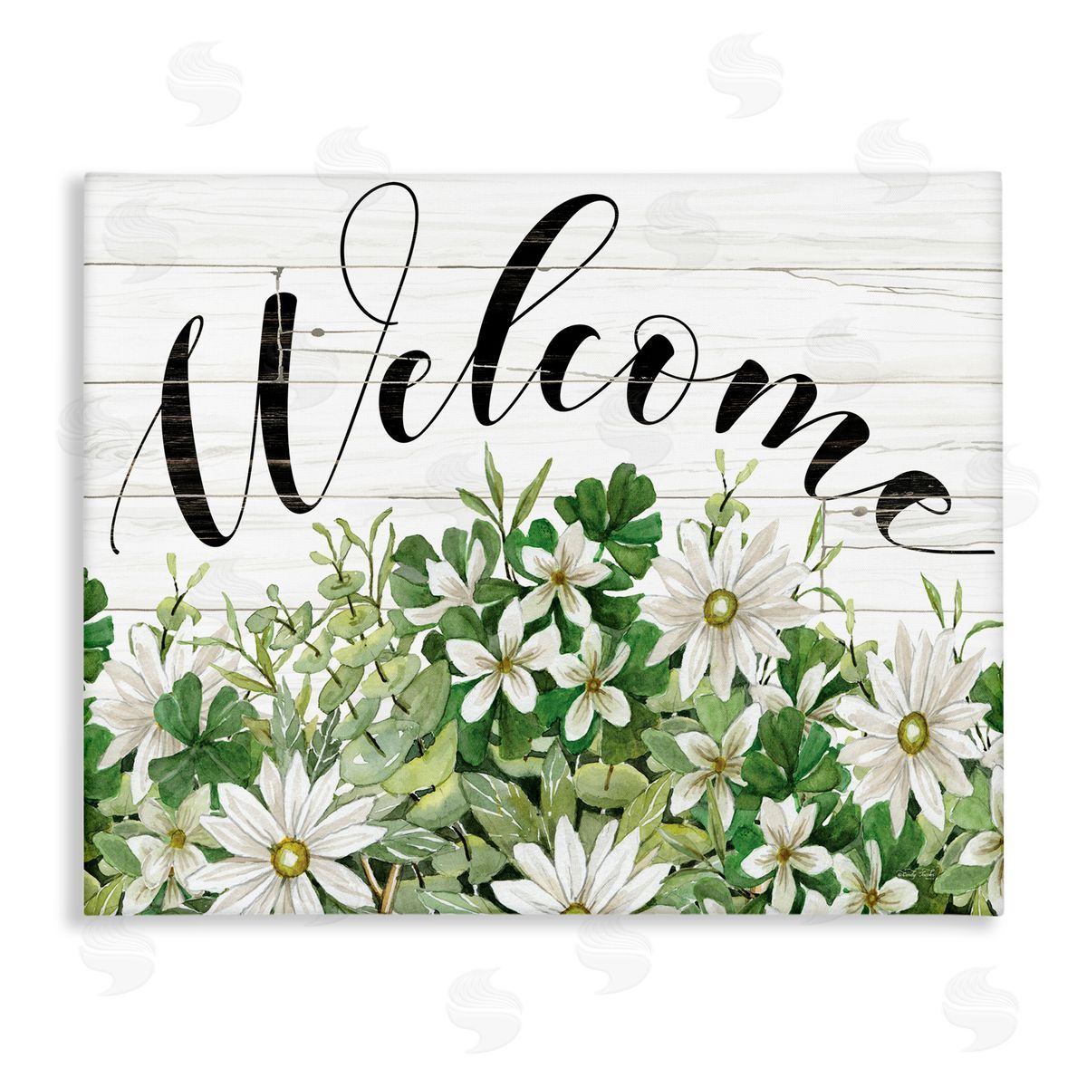 Cindy Jacobs Welcome Rustic Planked Sign White Flower Blossoms Stretched Canvas Wall Art Print