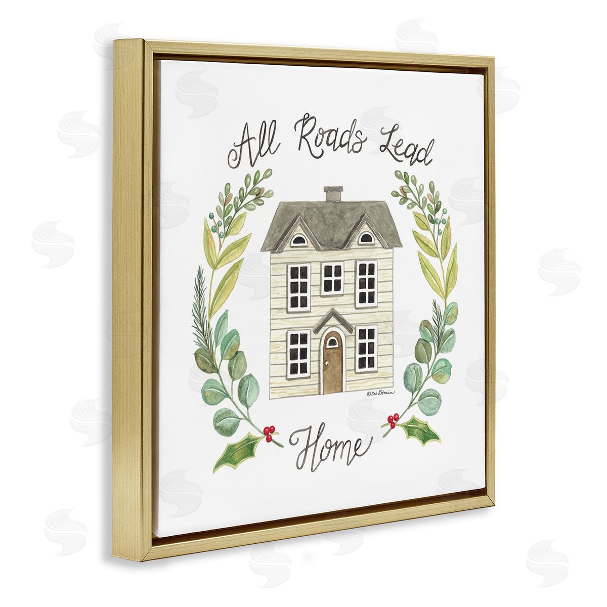 Deb Strain All Roads Lead Home Cottage Botanical Border Gold Floating Frame Canvas Wall Art Print