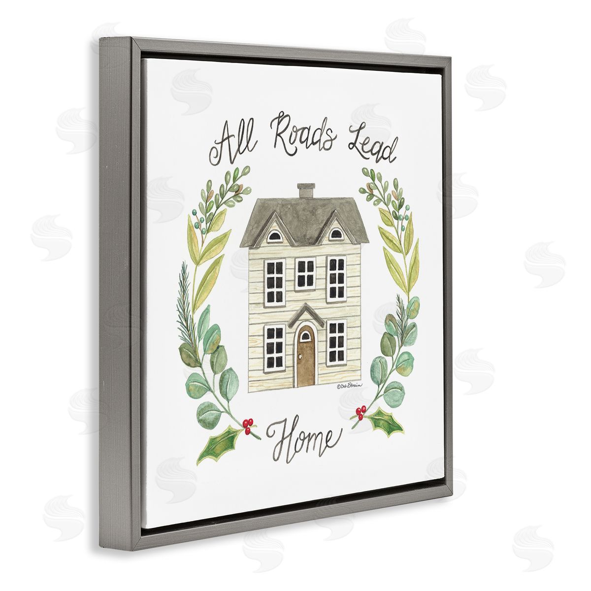 Deb Strain All Roads Lead Home Cottage Botanical Border Gray Floating Frame Canvas Wall Art Print