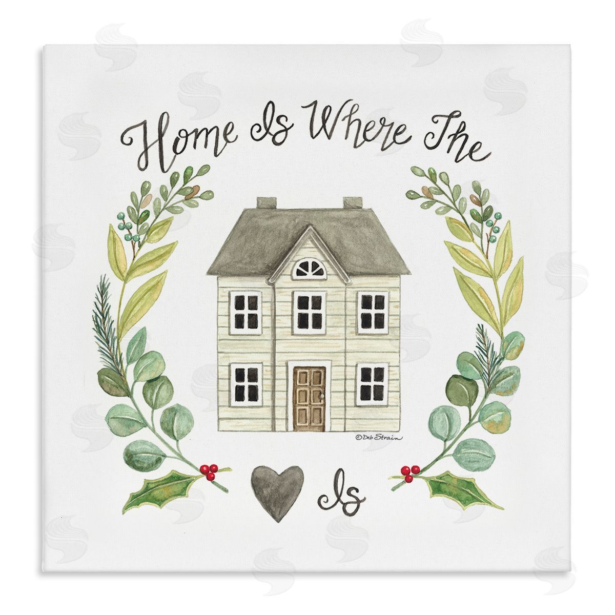 Deb Strain Home Where Heart Is Botanical Leaf Laurel Border Stretched Canvas Wall Art Print