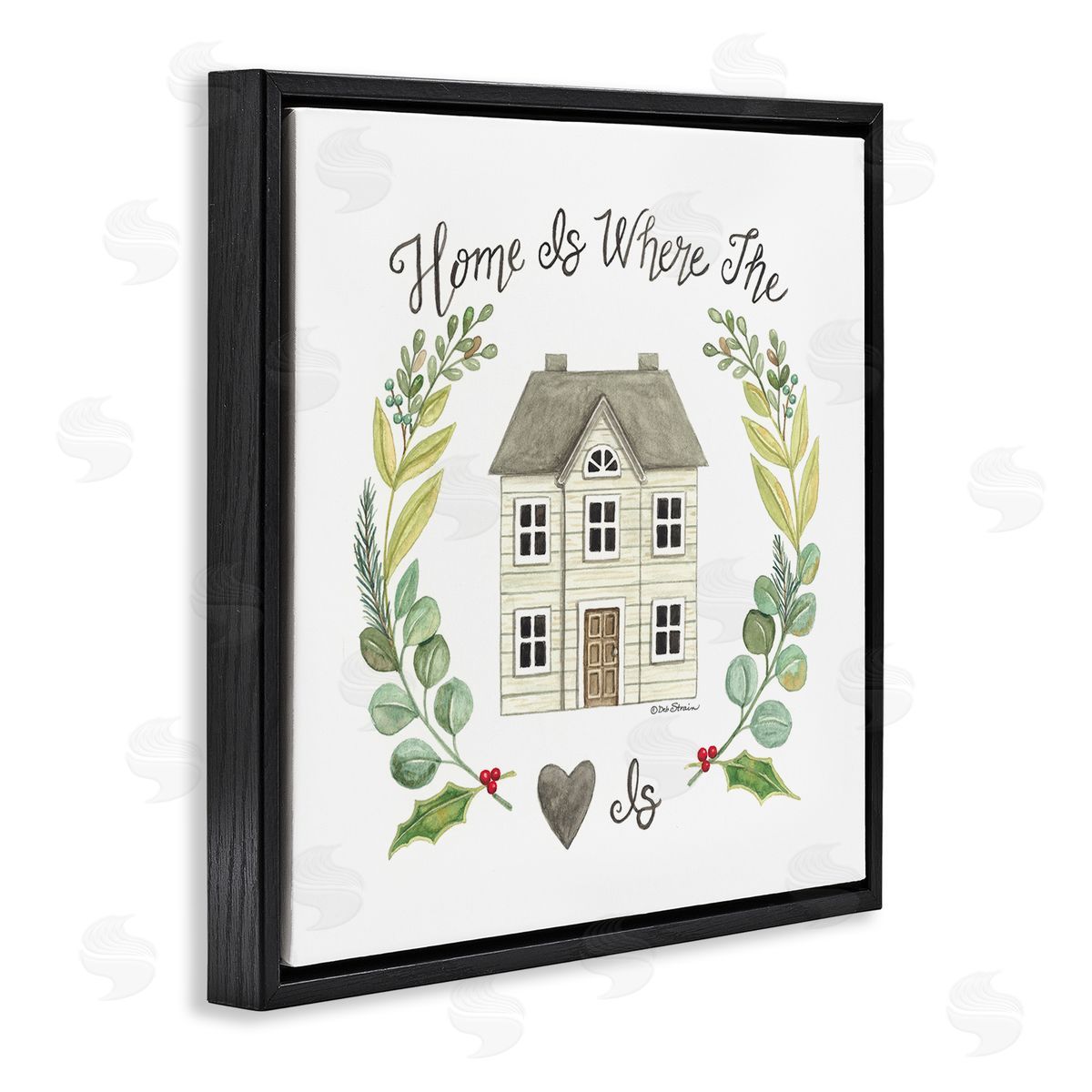 Deb Strain Home Where Heart Is Botanical Leaf Laurel Border Black Floating Frame Canvas Wall Art Print