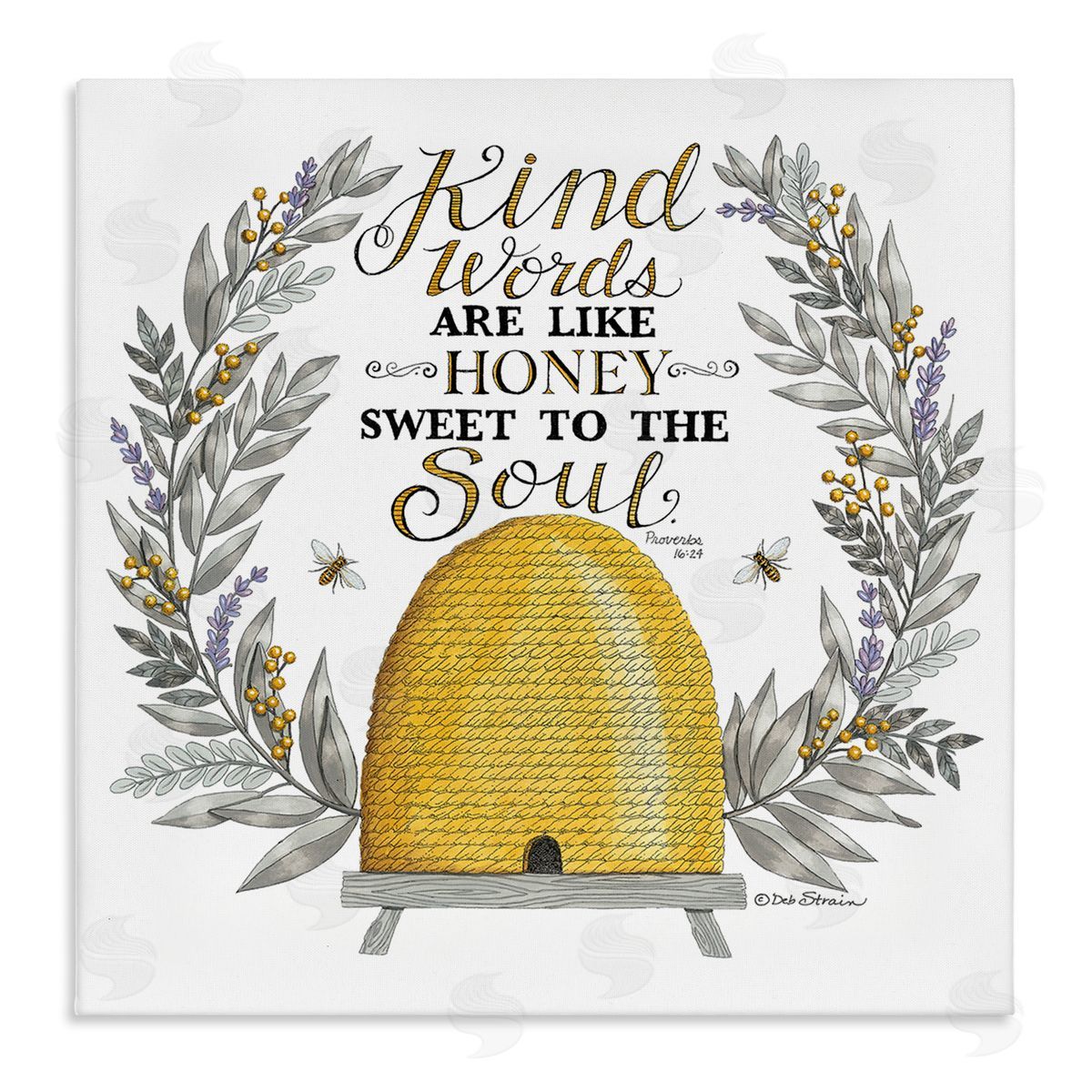 Deb Strain Kind Words Comforting Bee Hive Phrase Botanical Laurels Stretched Canvas Wall Art Print