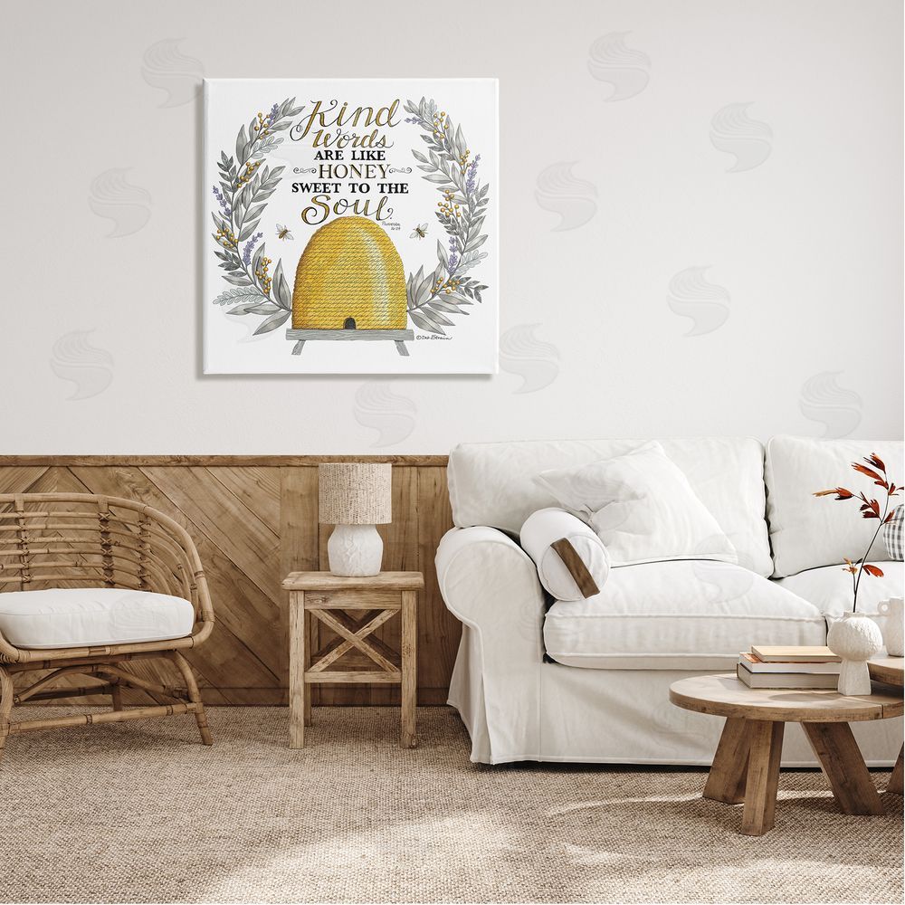 Deb Strain Kind Words Comforting Bee Hive Phrase Botanical Laurels Canvas Wall Art in Room