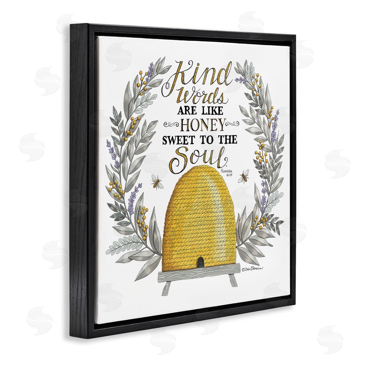 Deb Strain Kind Words Comforting Bee Hive Phrase Botanical Laurels Black Floating Frame Canvas Wall Art Print