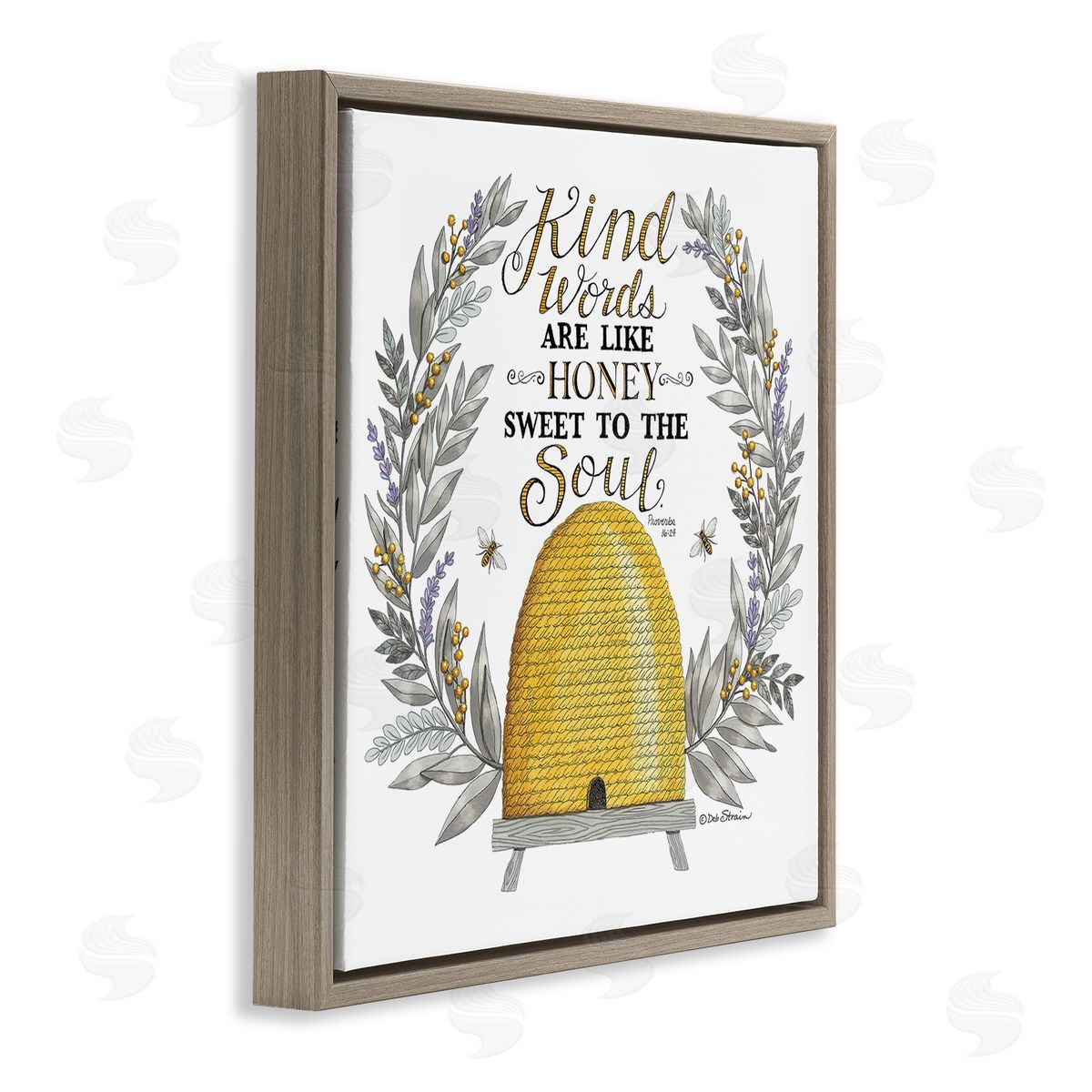 Deb Strain Kind Words Comforting Bee Hive Phrase Botanical Laurels Brown Floating Frame Canvas Wall Art Print