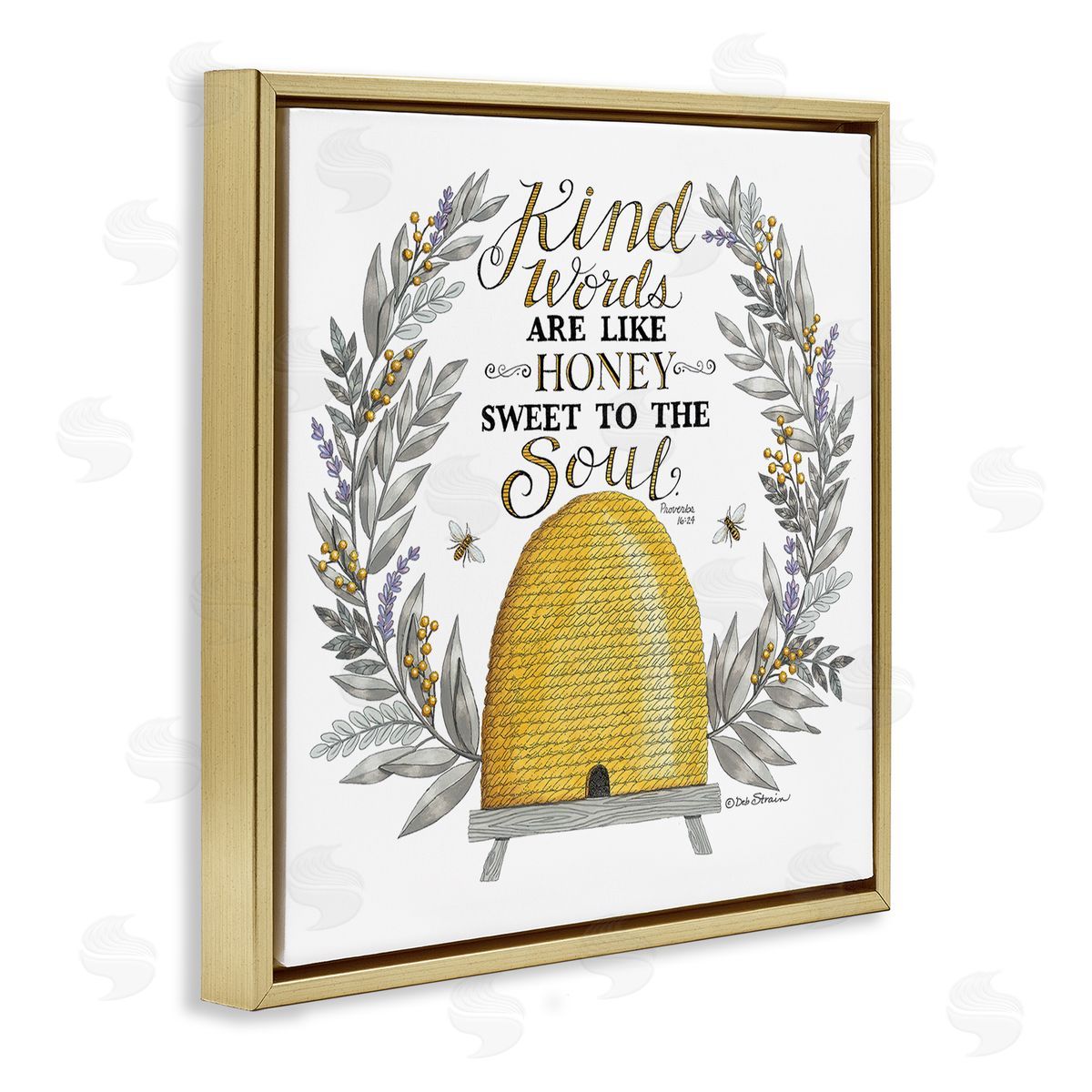 Deb Strain Kind Words Comforting Bee Hive Phrase Botanical Laurels Gold Floating Frame Canvas Wall Art Print