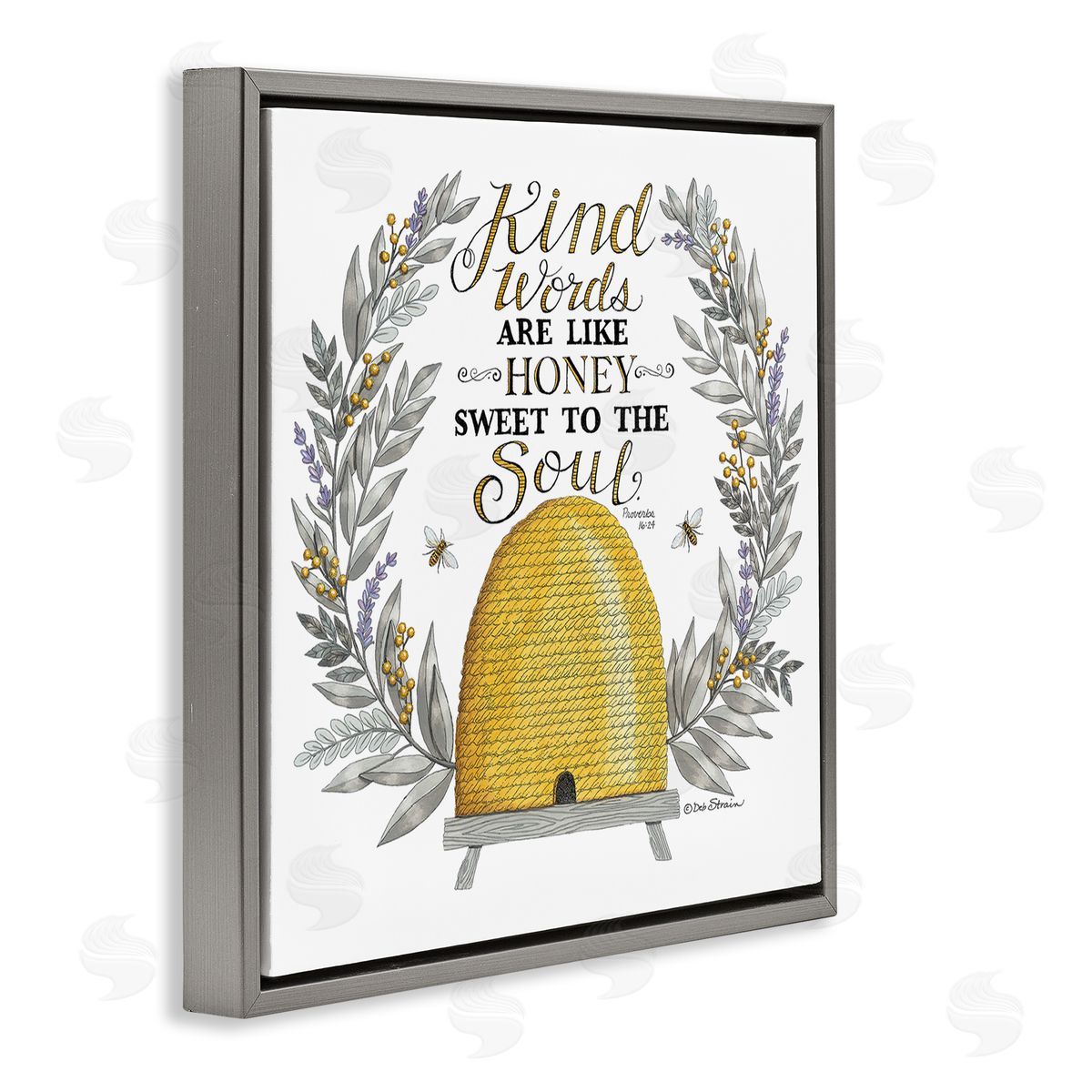 Deb Strain Kind Words Comforting Bee Hive Phrase Botanical Laurels Gray Floating Frame Canvas Wall Art Print