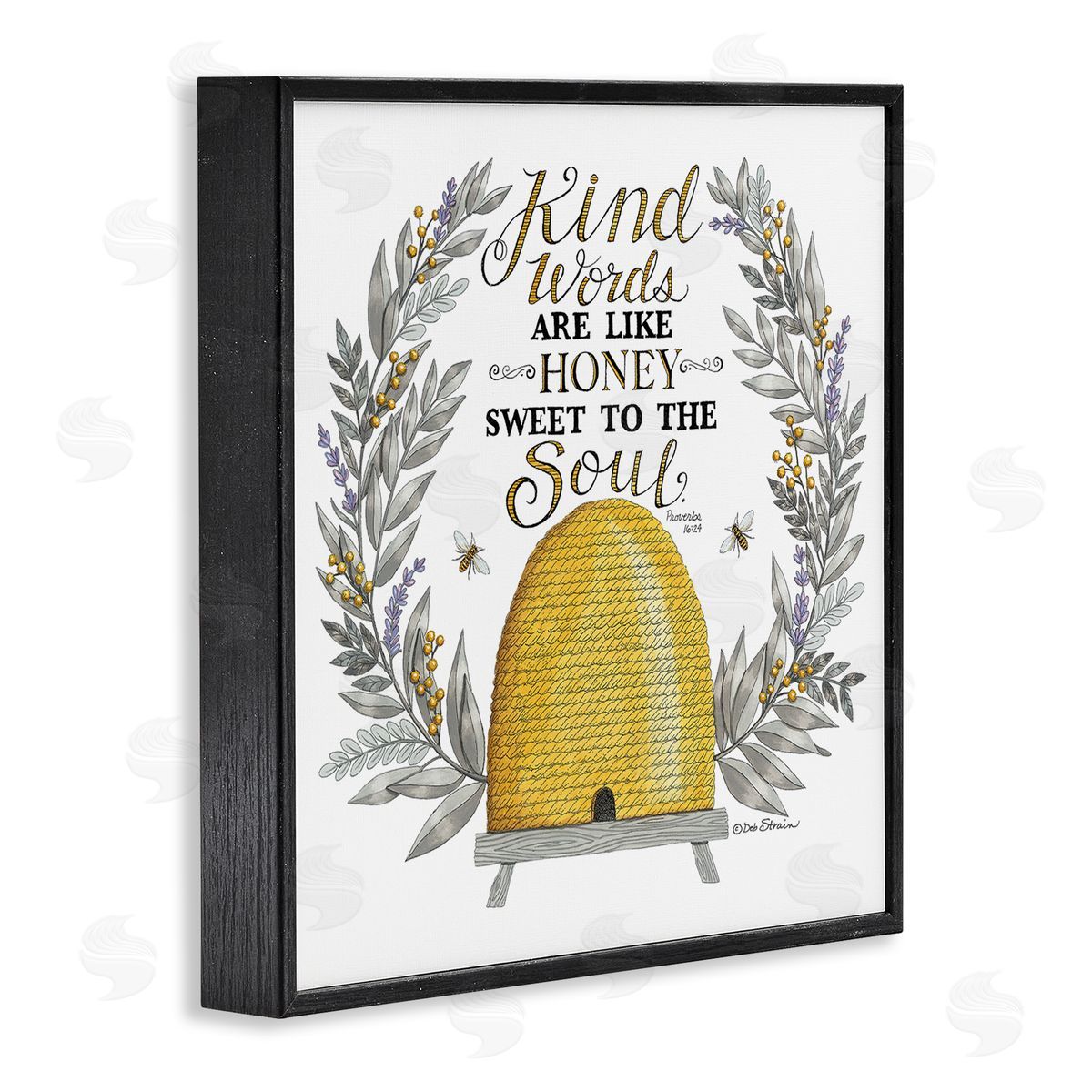 Deb Strain Kind Words Comforting Bee Hive Phrase Botanical Laurels Black Framed Glicee Wall Art Print