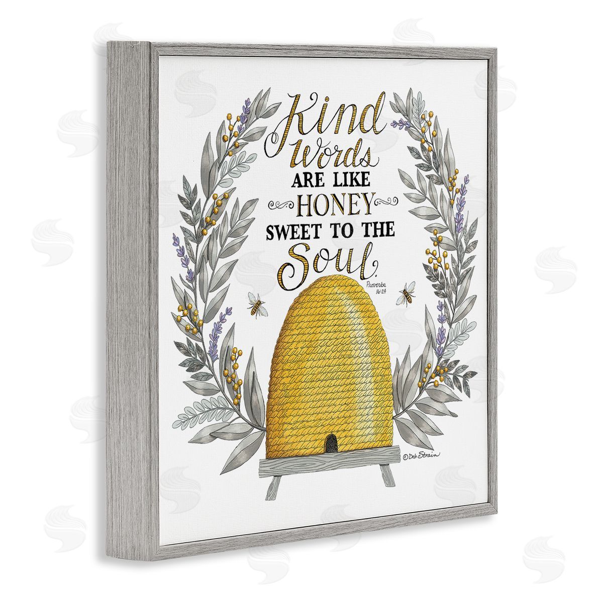 Deb Strain Kind Words Comforting Bee Hive Phrase Botanical Laurels Gray Framed Glicee Wall Art Print