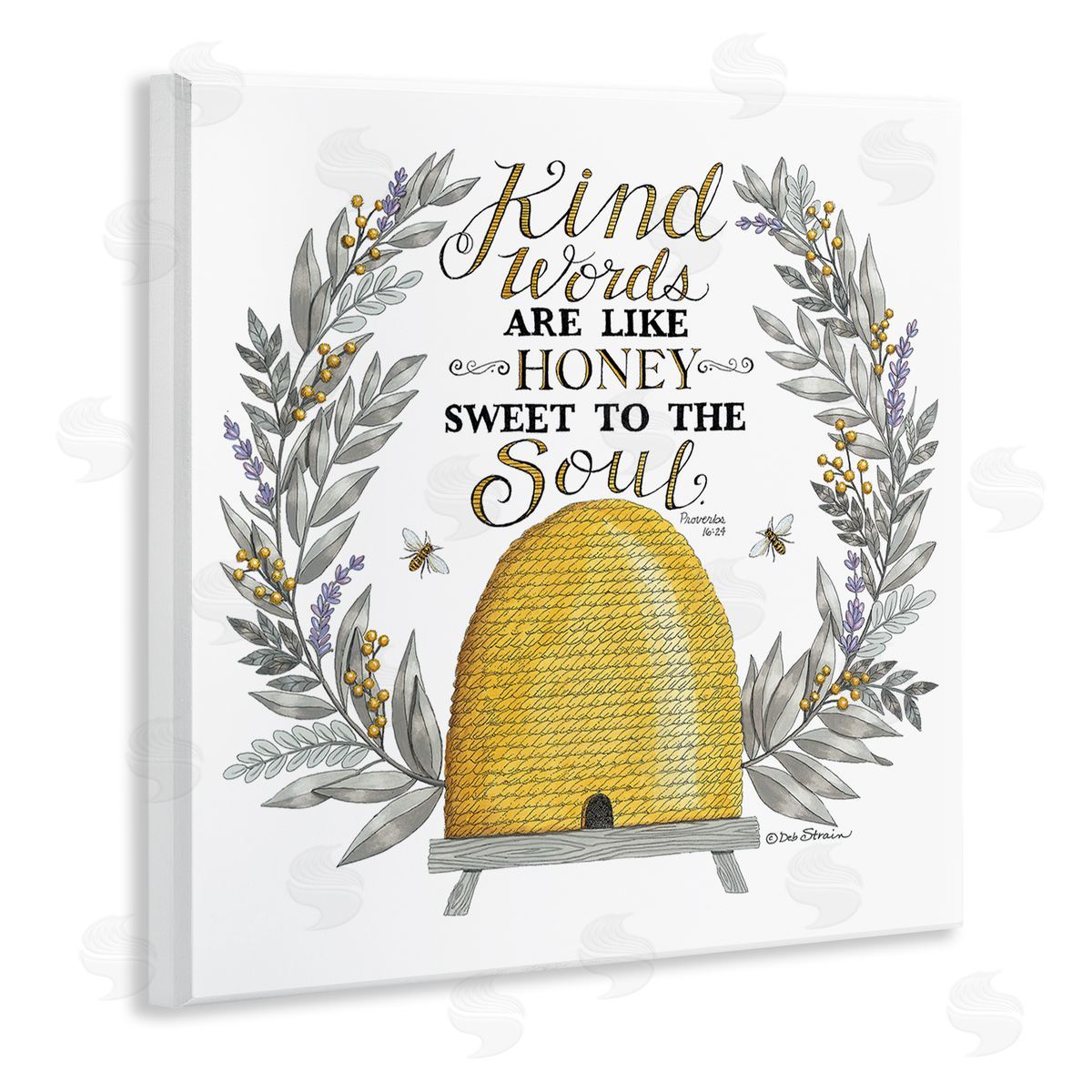 Deb Strain Kind Words Comforting Bee Hive Phrase Botanical Laurels Wooden Wall Plaque Art Print