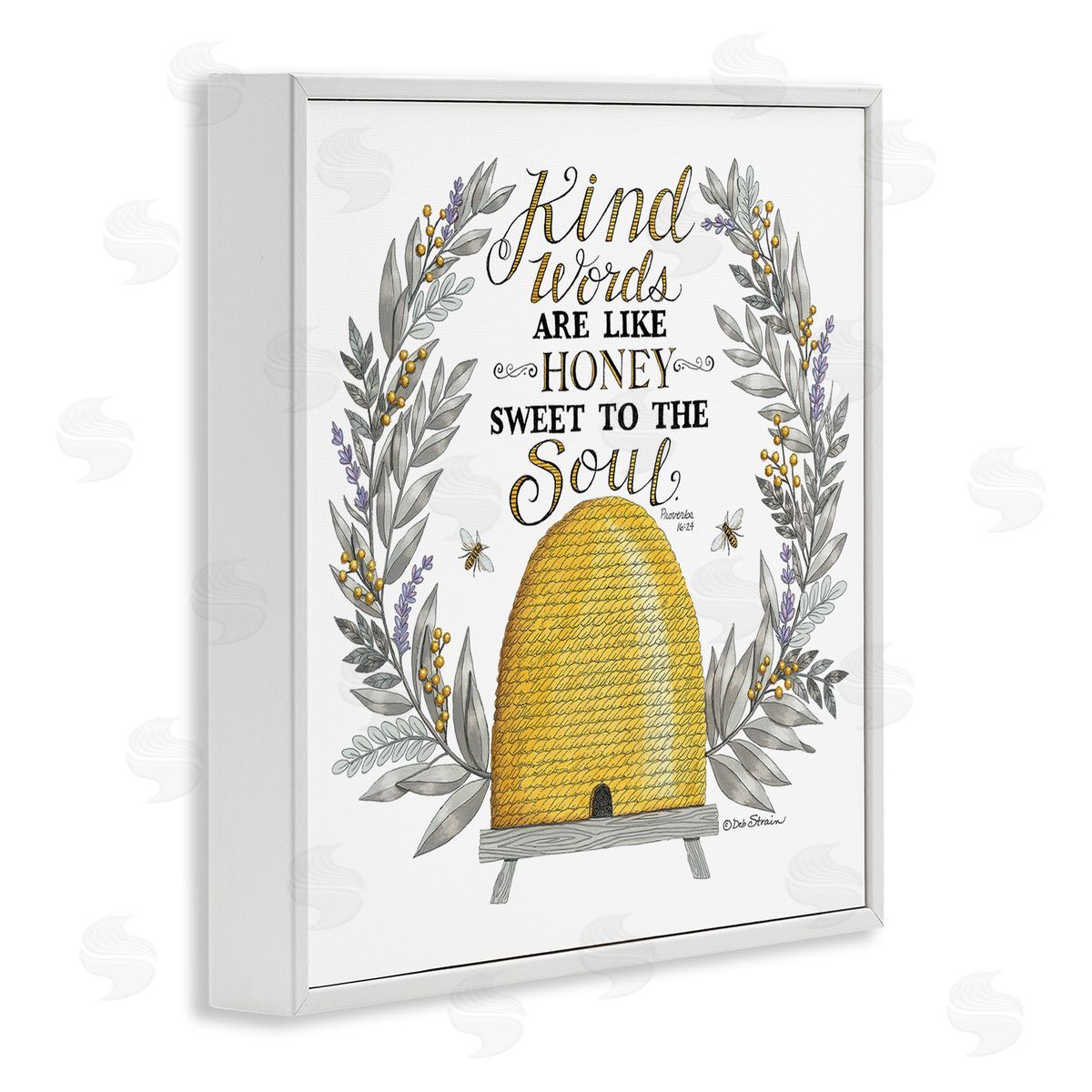 Deb Strain Kind Words Comforting Bee Hive Phrase Botanical Laurels White Framed Glicee Wall Art Print