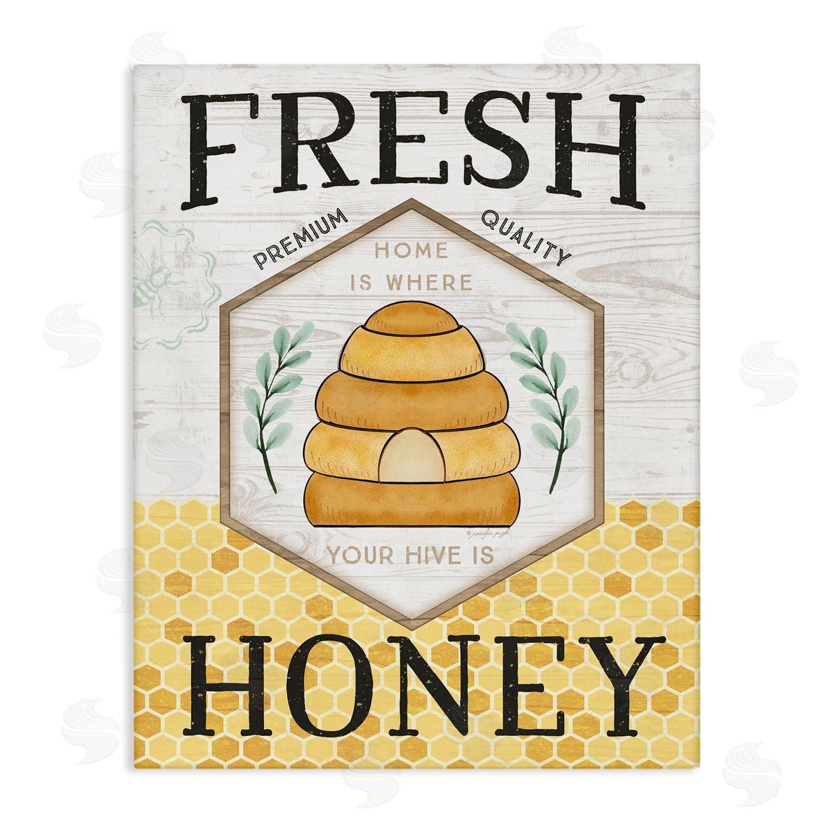 Jennifer Pugh Fresh Honey Rustic Bee Hive Typography Sign  Stretched Canvas Wall Art Print
