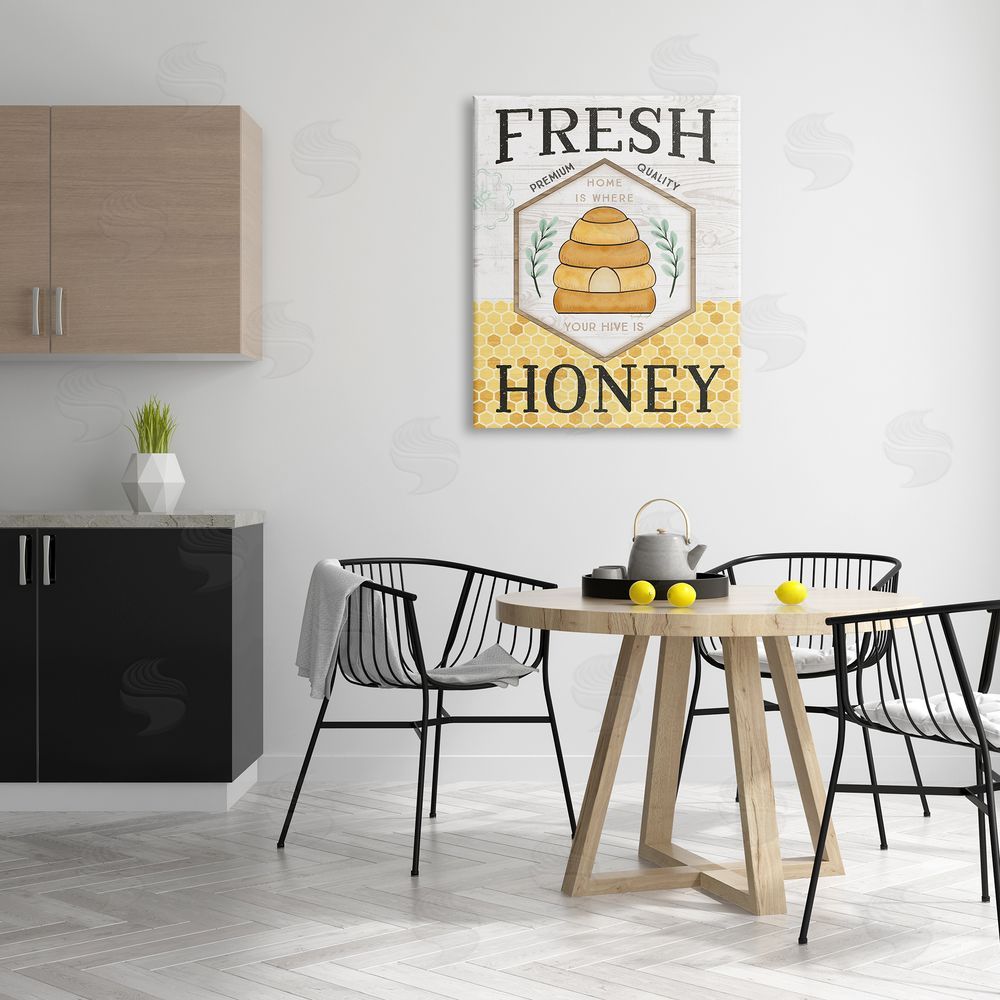Jennifer Pugh Fresh Honey Rustic Bee Hive Typography Sign  Canvas Wall Art Print in Room