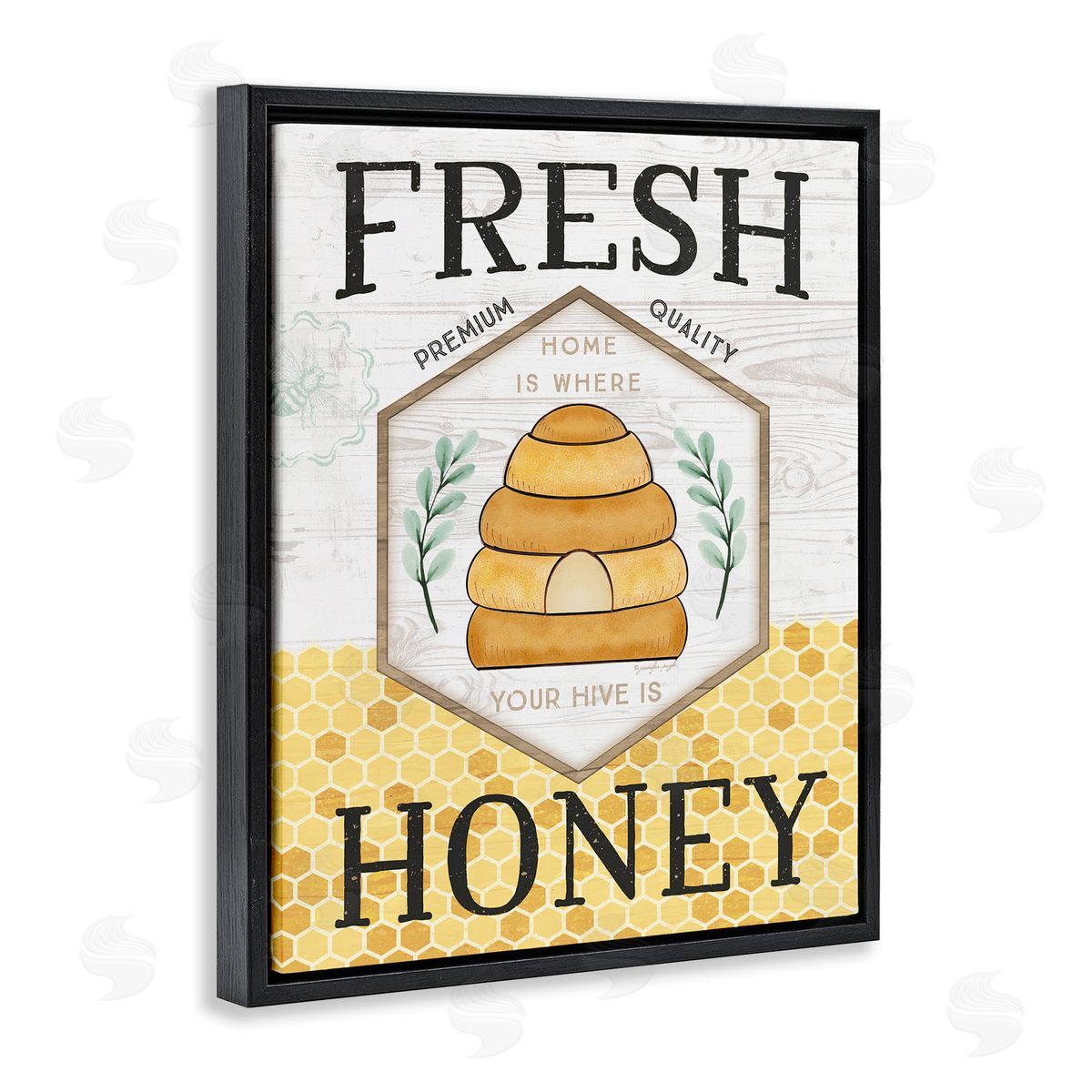 Jennifer Pugh Fresh Honey Rustic Bee Hive Typography Sign  Black Floating Frame Canvas Wall Art Print