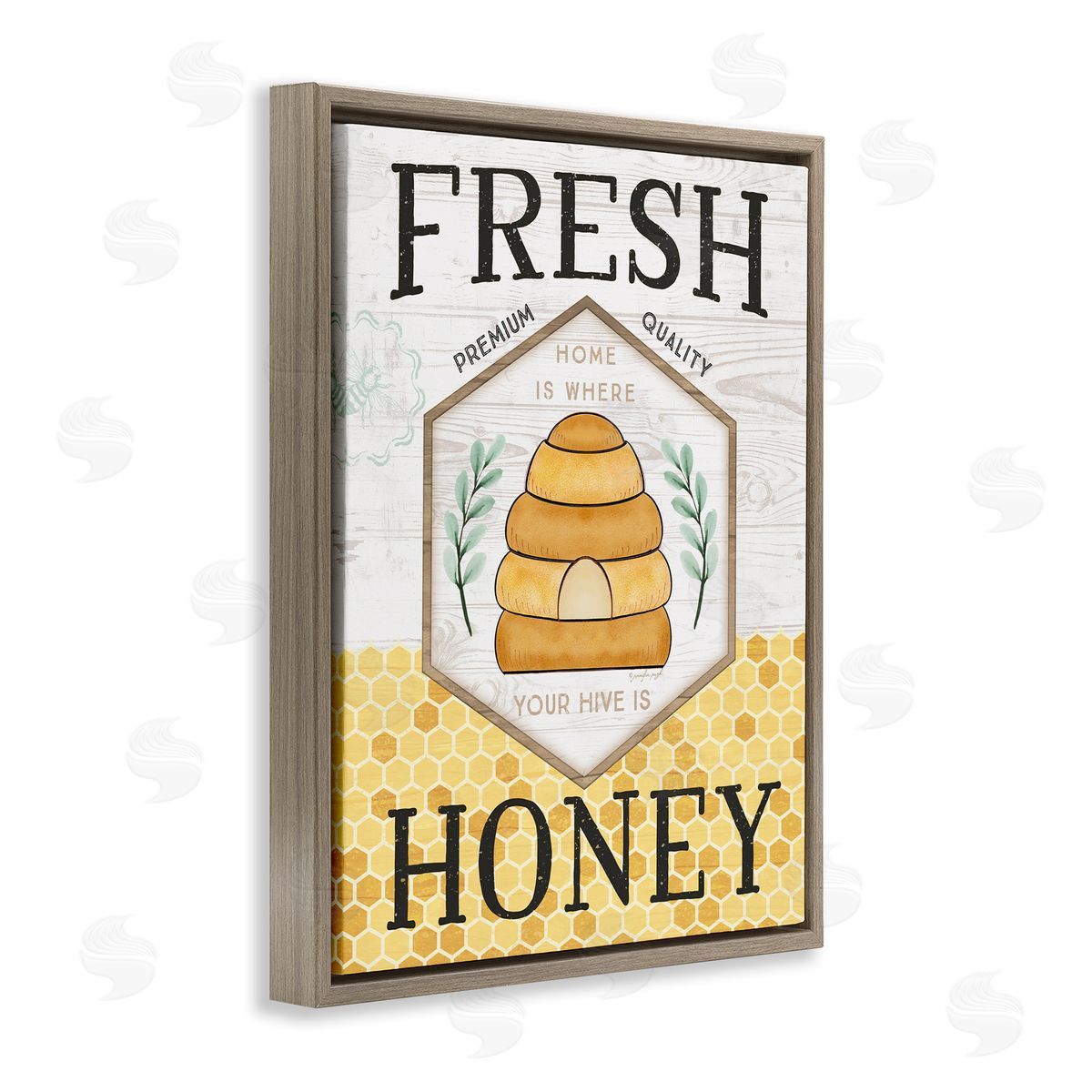 Jennifer Pugh Fresh Honey Rustic Bee Hive Typography Sign  Brown Floating Frame Canvas Wall Art Print