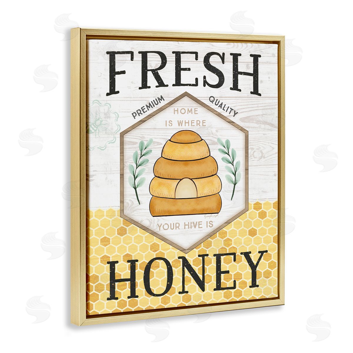 Jennifer Pugh Fresh Honey Rustic Bee Hive Typography Sign  Gold Floating Frame Canvas Wall Art Print