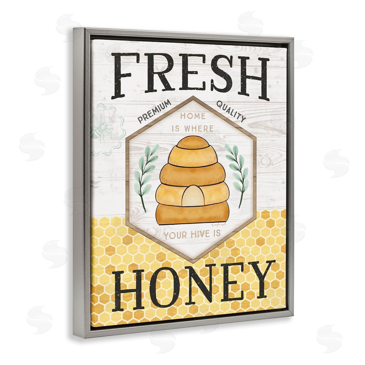 Jennifer Pugh Fresh Honey Rustic Bee Hive Typography Sign  Gray Floating Frame Canvas Wall Art Print