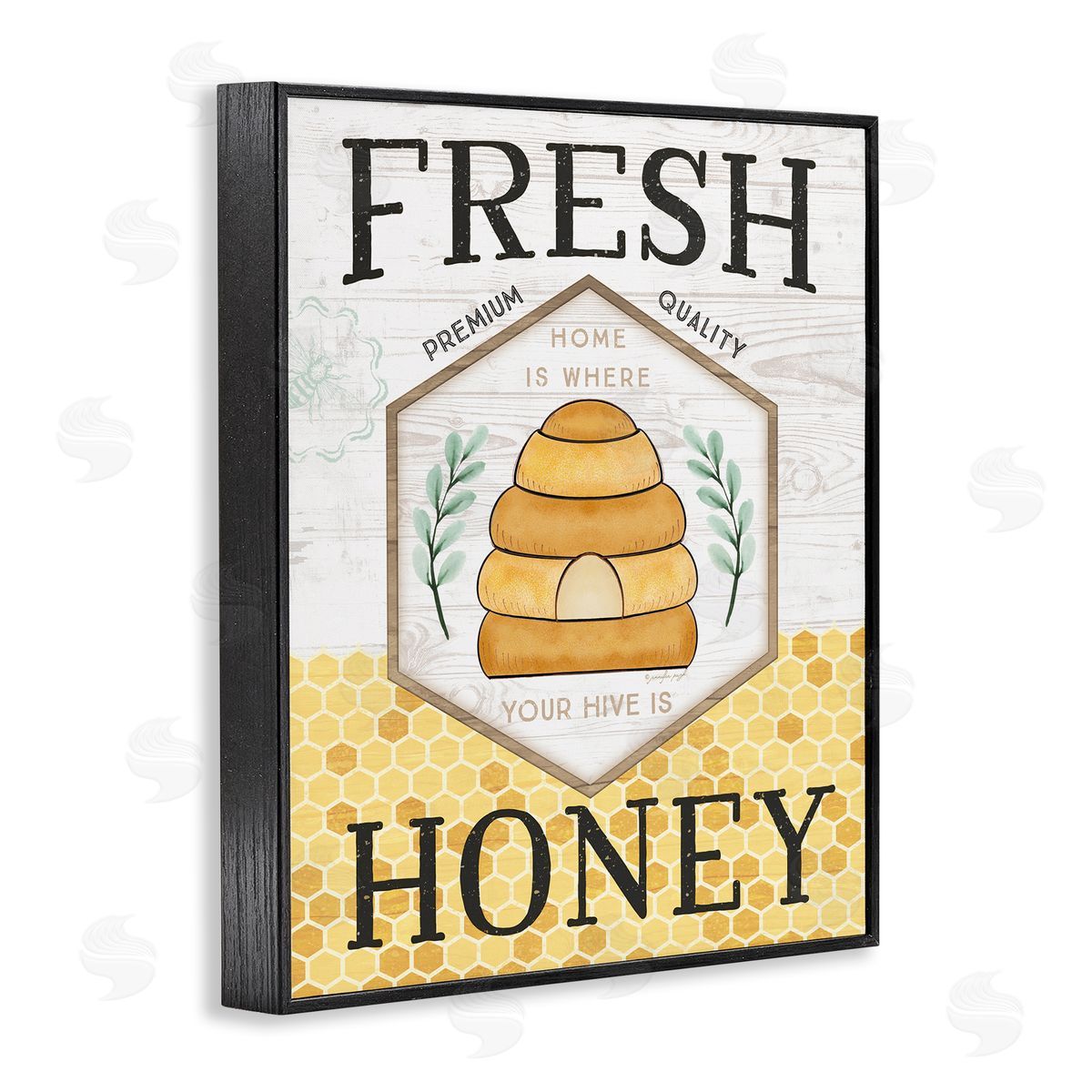 Jennifer Pugh Fresh Honey Rustic Bee Hive Typography Sign  Black Framed Giclee Wall Art Print