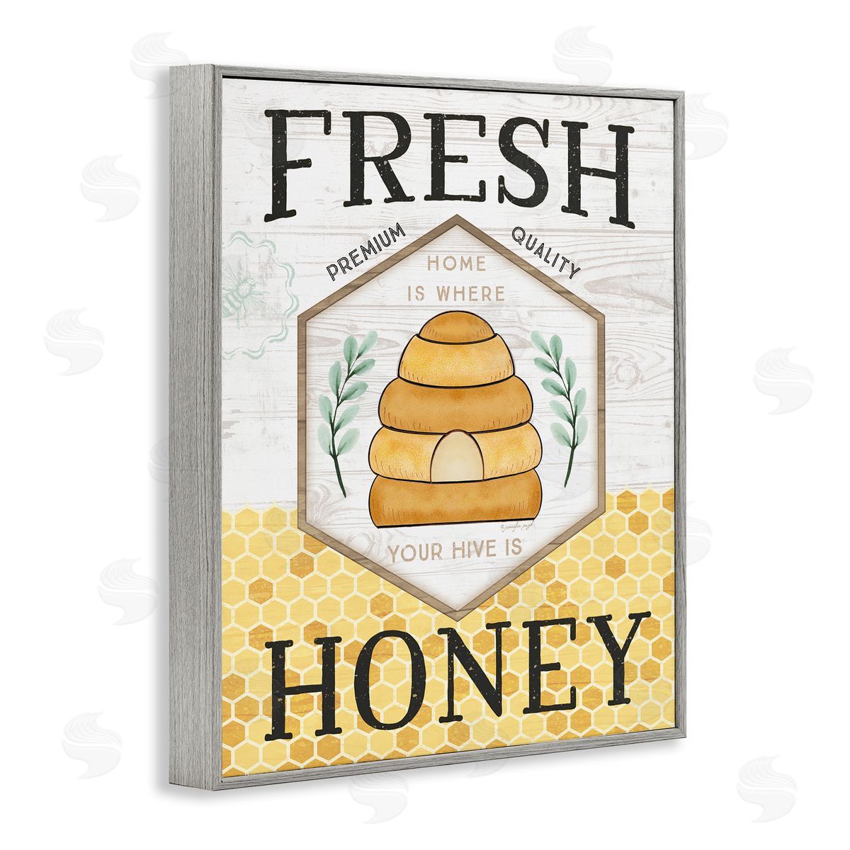 Jennifer Pugh Fresh Honey Rustic Bee Hive Typography Sign  Gray Framed Giclee Wall Art Print