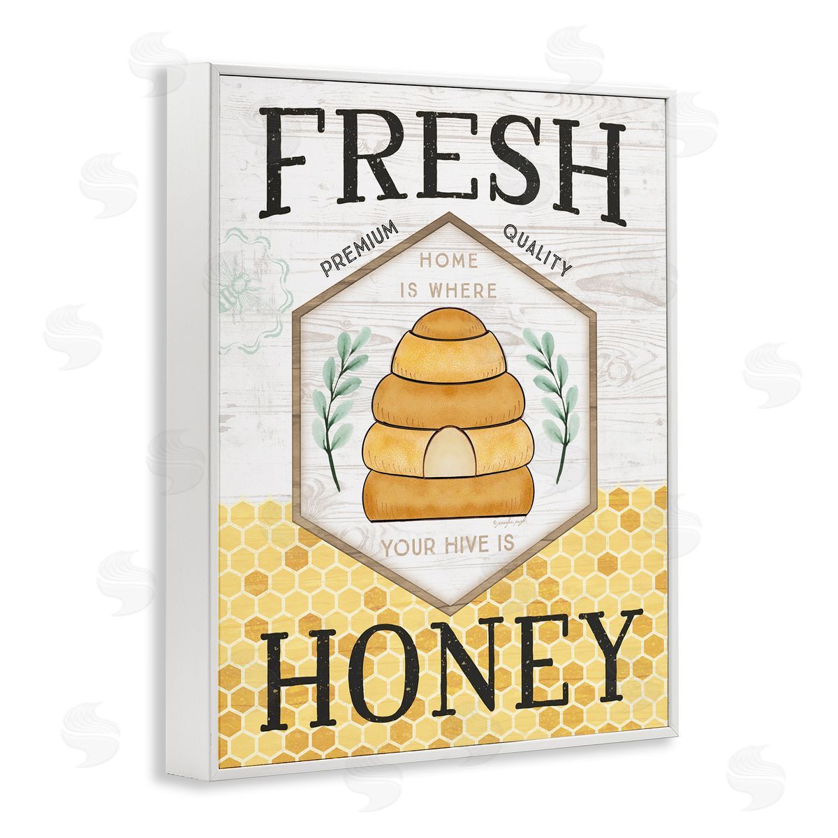 Jennifer Pugh Fresh Honey Rustic Bee Hive Typography Sign  White Framed Giclee Wall Art Print