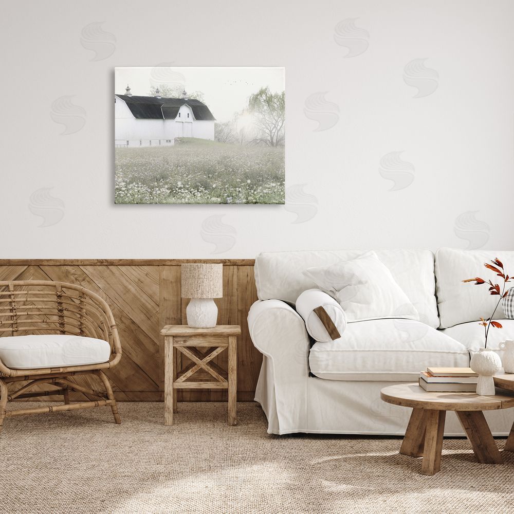 Lori Deiter Peaceful White Barn Countryside Meadow Blooming Buds Canvas Wall Art Print in Room