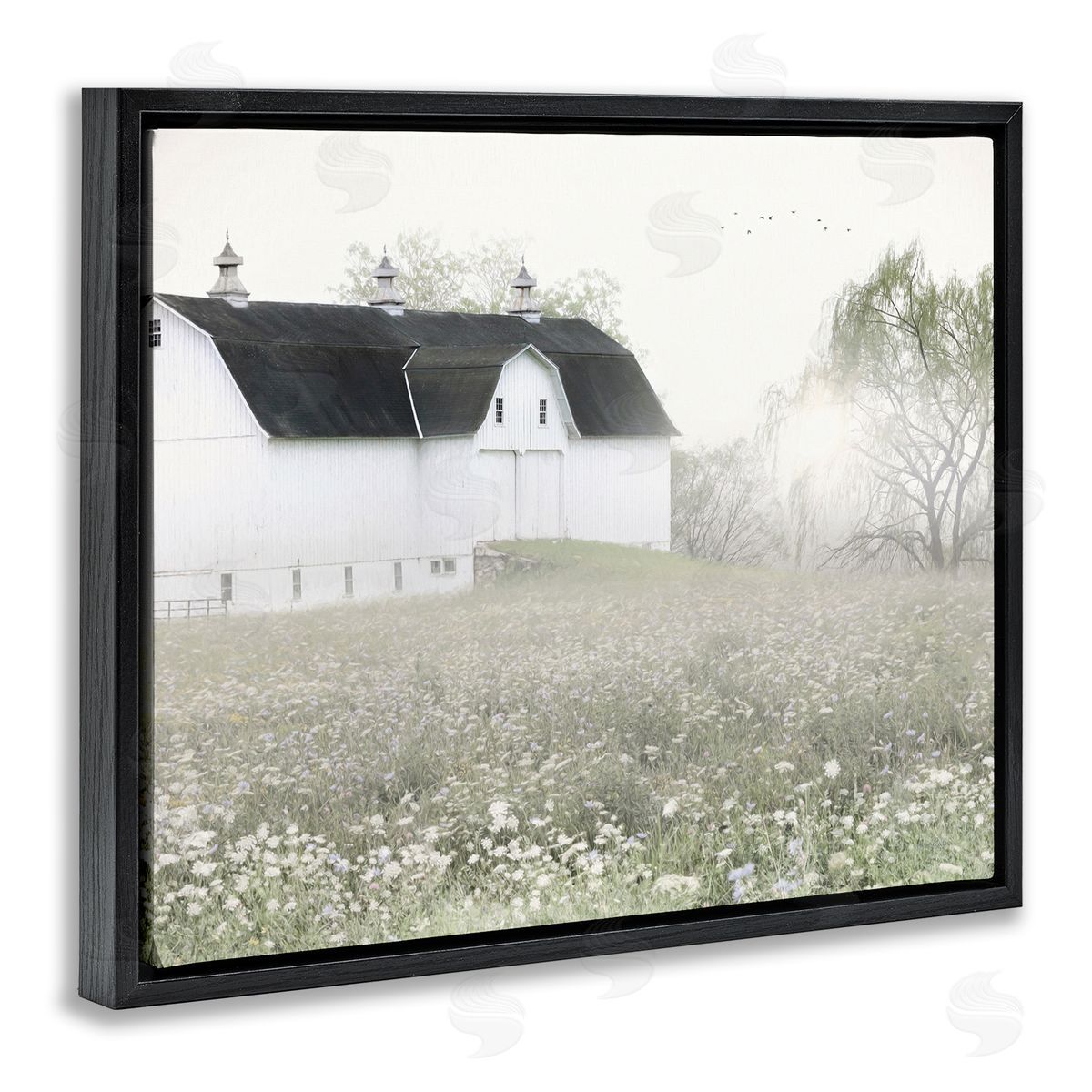 Lori Deiter Peaceful White Barn Countryside Meadow Blooming Buds Black Floating Frame Canvas Wall Art Print