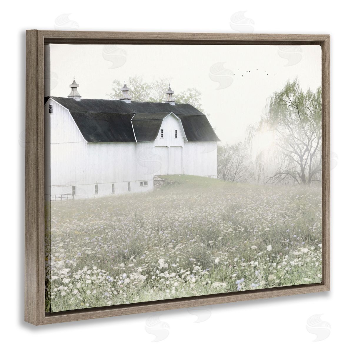 Lori Deiter Peaceful White Barn Countryside Meadow Blooming Buds Brown Floating Frame Canvas Wall Art Print