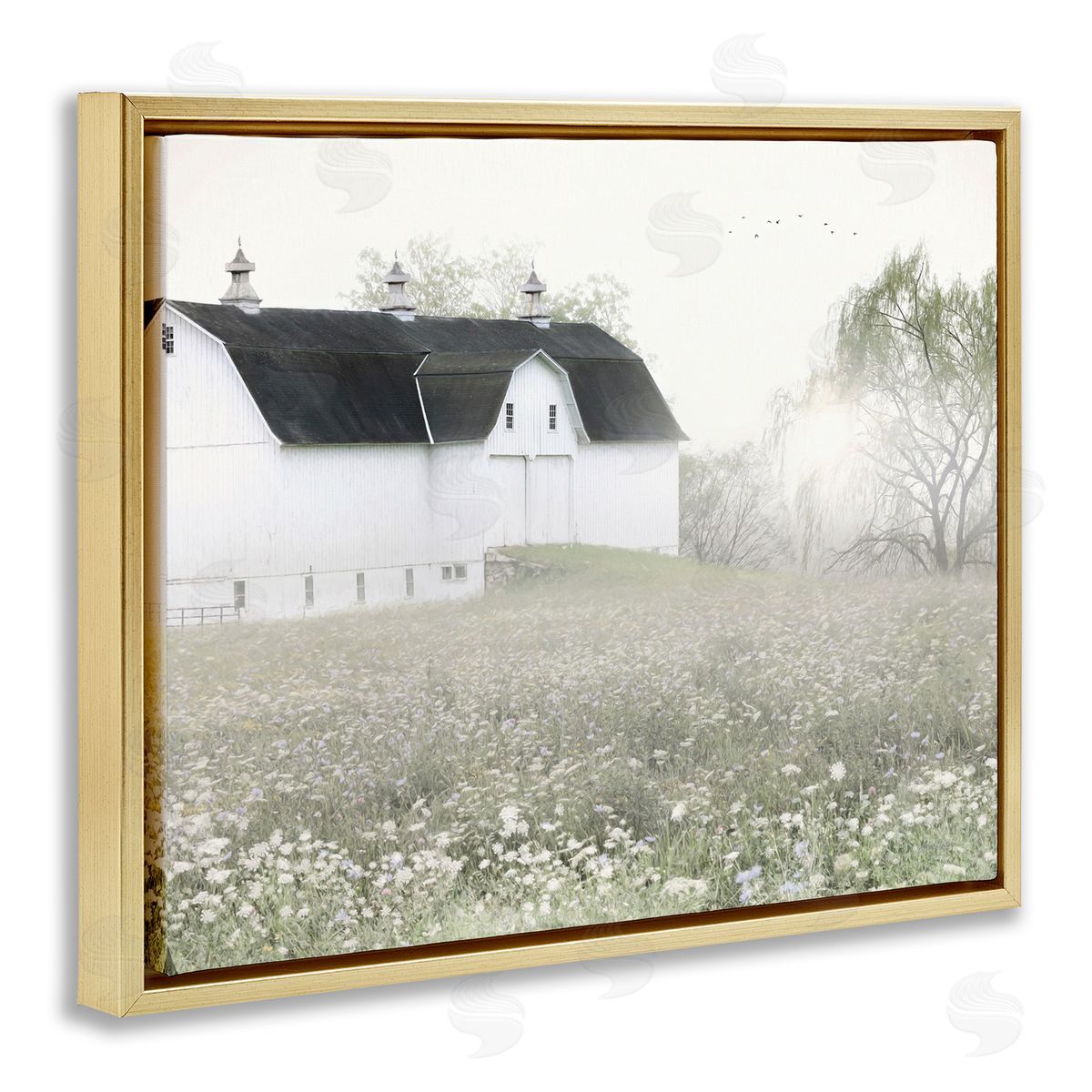 Lori Deiter Peaceful White Barn Countryside Meadow Blooming Buds Gold Floating Frame Canvas Wall Art Print