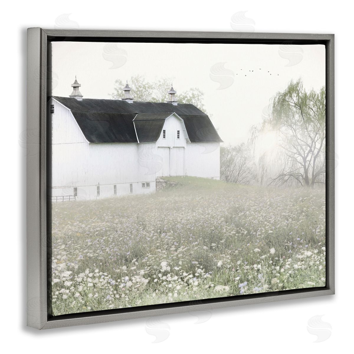 Lori Deiter Peaceful White Barn Countryside Meadow Blooming Buds Gray Floating Frame Canvas Wall Art Print