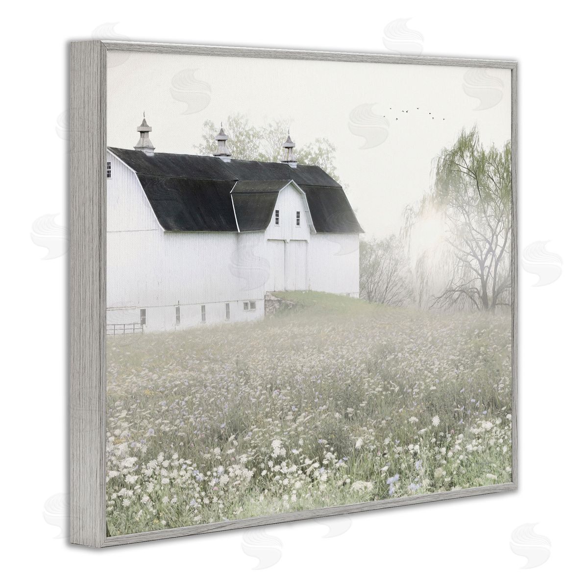 Lori Deiter Peaceful White Barn Countryside Meadow Blooming Buds Gray Framed Giclee Wall Art Print