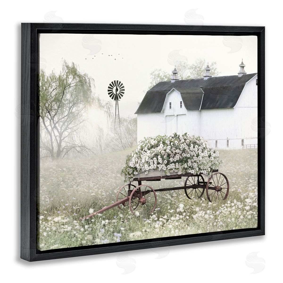 Endearing Vintage Flower Wagon Black Floating Frame Canvas Wall Art, Home Decor by Lori Deiter