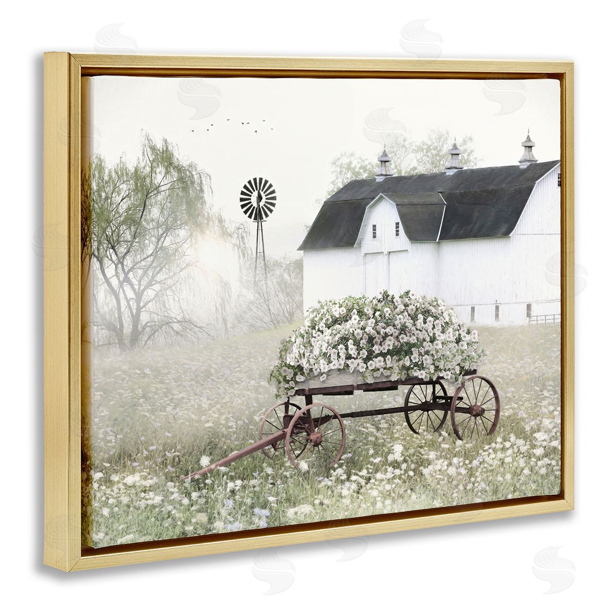 Endearing Vintage Flower Wagon Gold Floating Frame Canvas Wall Art, Home Decor by Lori Deiter