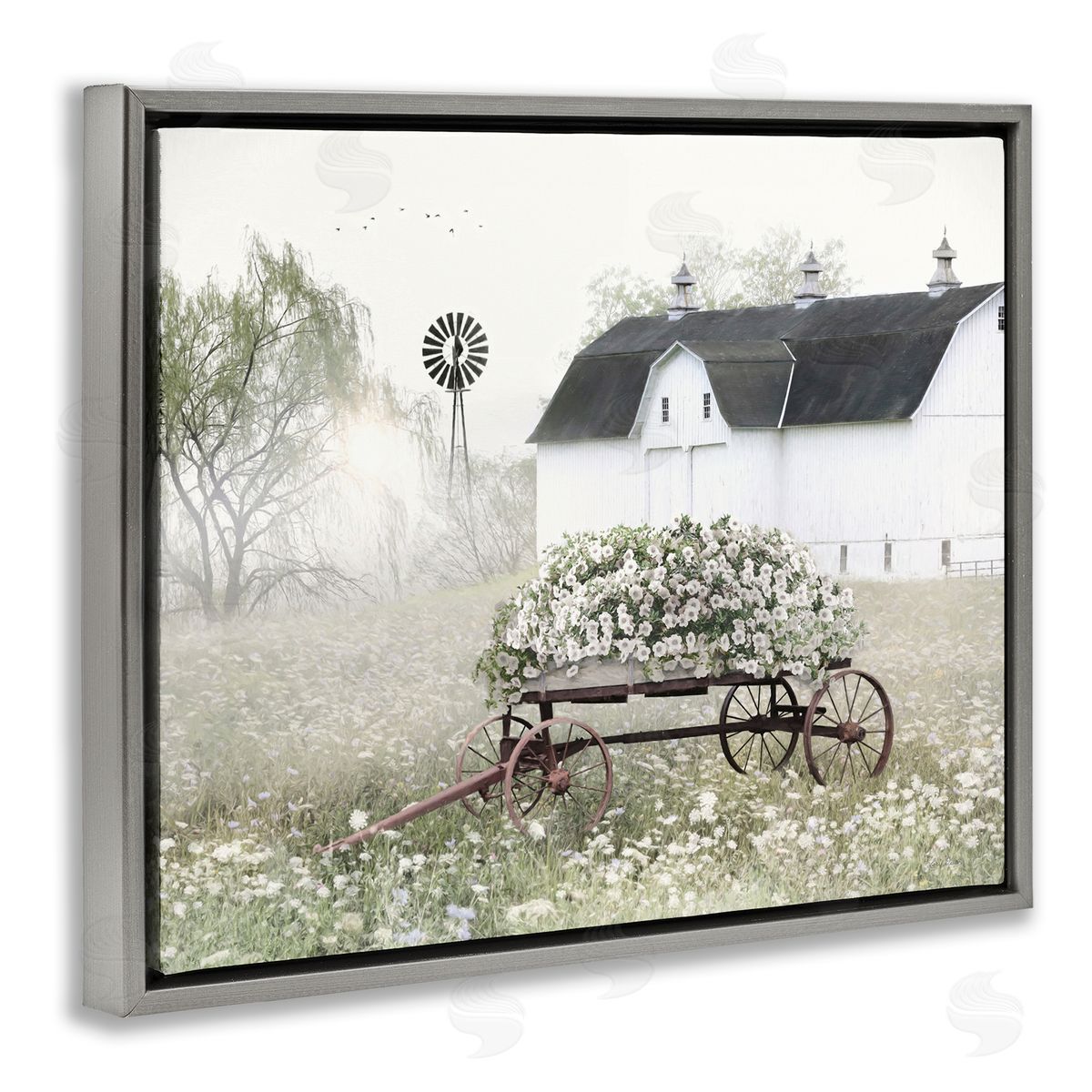Endearing Vintage Flower Wagon Grey Floating Frame Canvas Wall Art, Home Decor by Lori Deiter