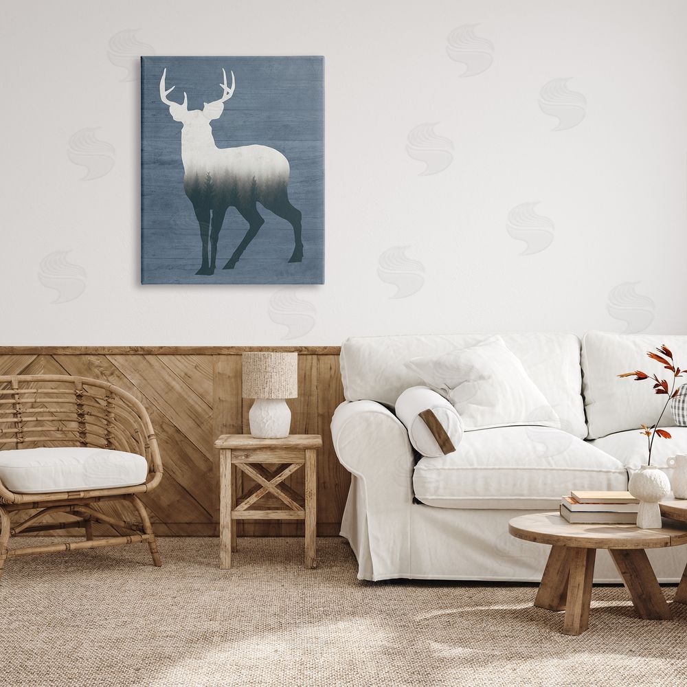 Lettered and Lined Rustic Deer Silhouette Cabin Grain Pattern Canvas Wall Art Print in Room