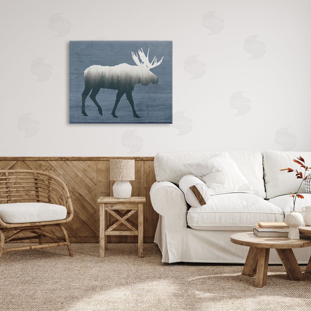 Lettered and Lined Woodland Trees Within Moose Silhouette Rustic Animal Canvas Wall Art Print in Room