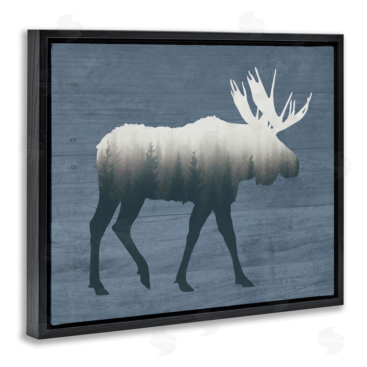 Lettered and Lined Woodland Trees Within Moose Silhouette Rustic Animal Black Floating Frame Canvas Wall Art Print