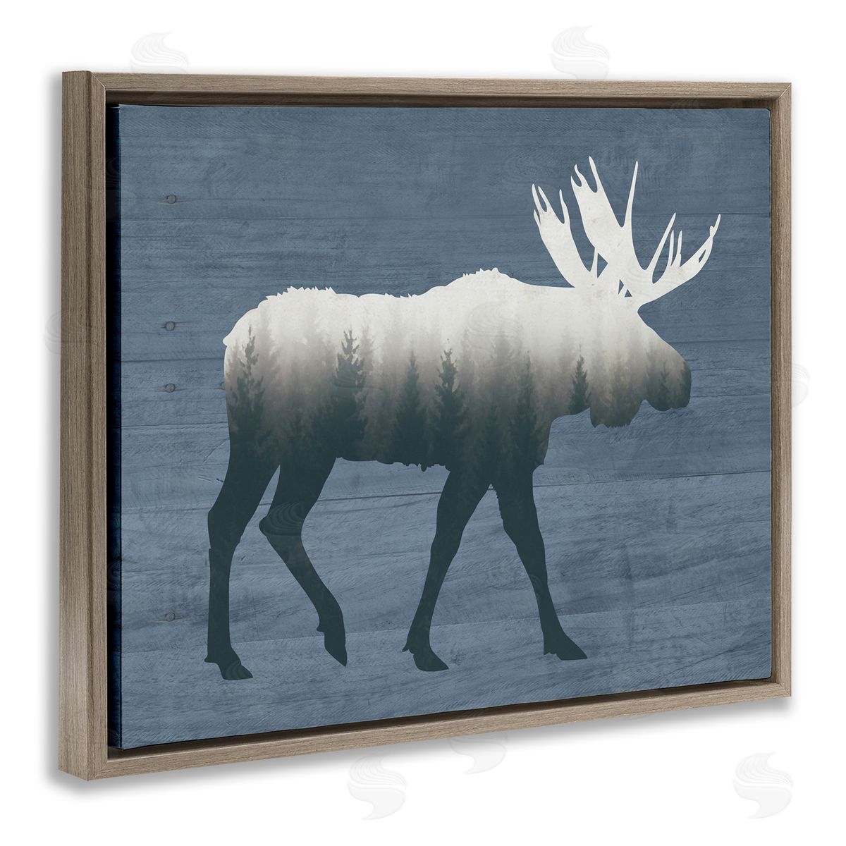 Lettered and Lined Woodland Trees Within Moose Silhouette Rustic Animal Brown Floating Frame Canvas Wall Art Print