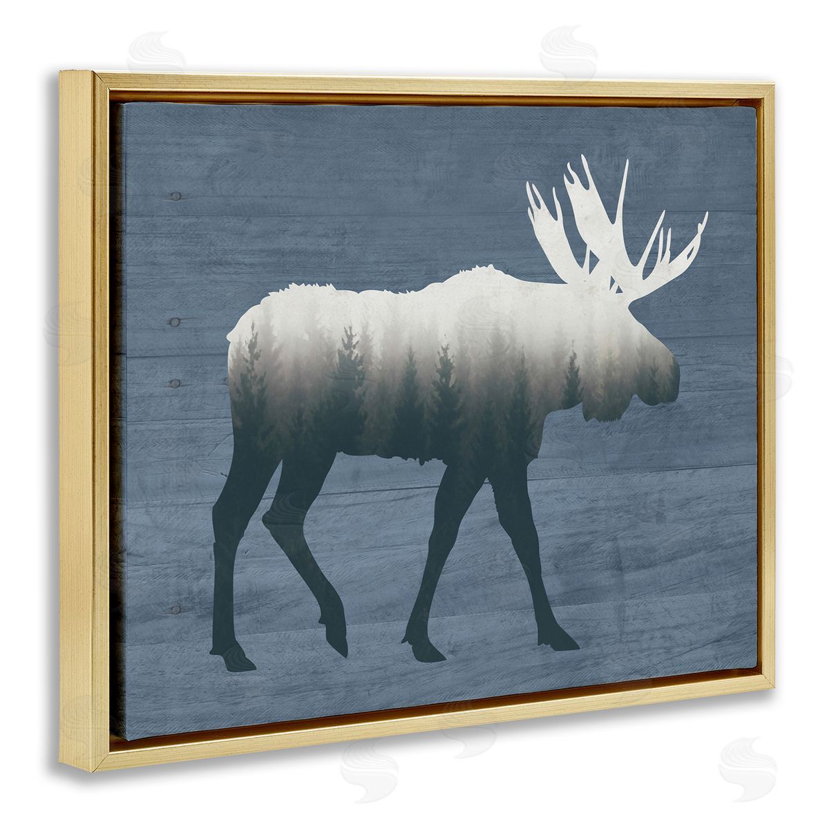 Lettered and Lined Woodland Trees Within Moose Silhouette Rustic Animal Gold Floating Frame Canvas Wall Art Print