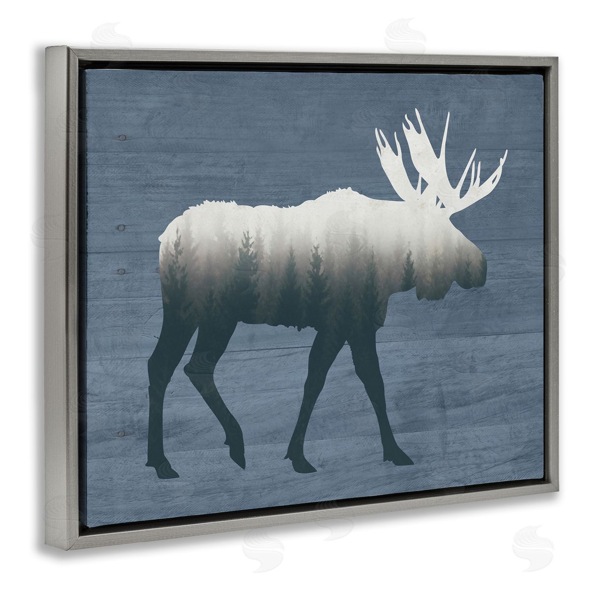 Lettered and Lined Woodland Trees Within Moose Silhouette Rustic Animal Gray Floating Frame Canvas Wall Art Print