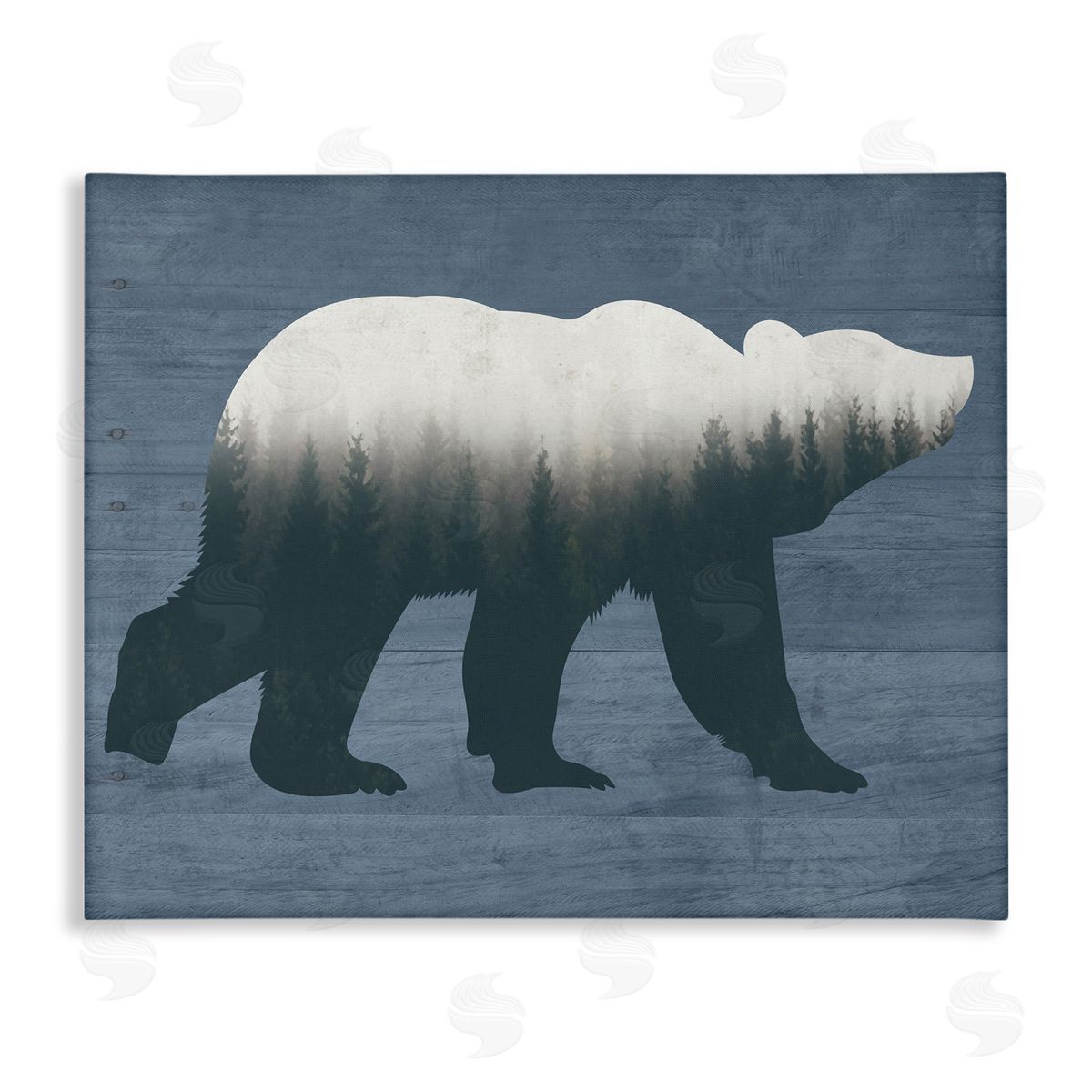 Lettered and Lined Rustic Woodland Trees Bear Silhouette Grainy Pattern Stretched Canvas Wall Art Print