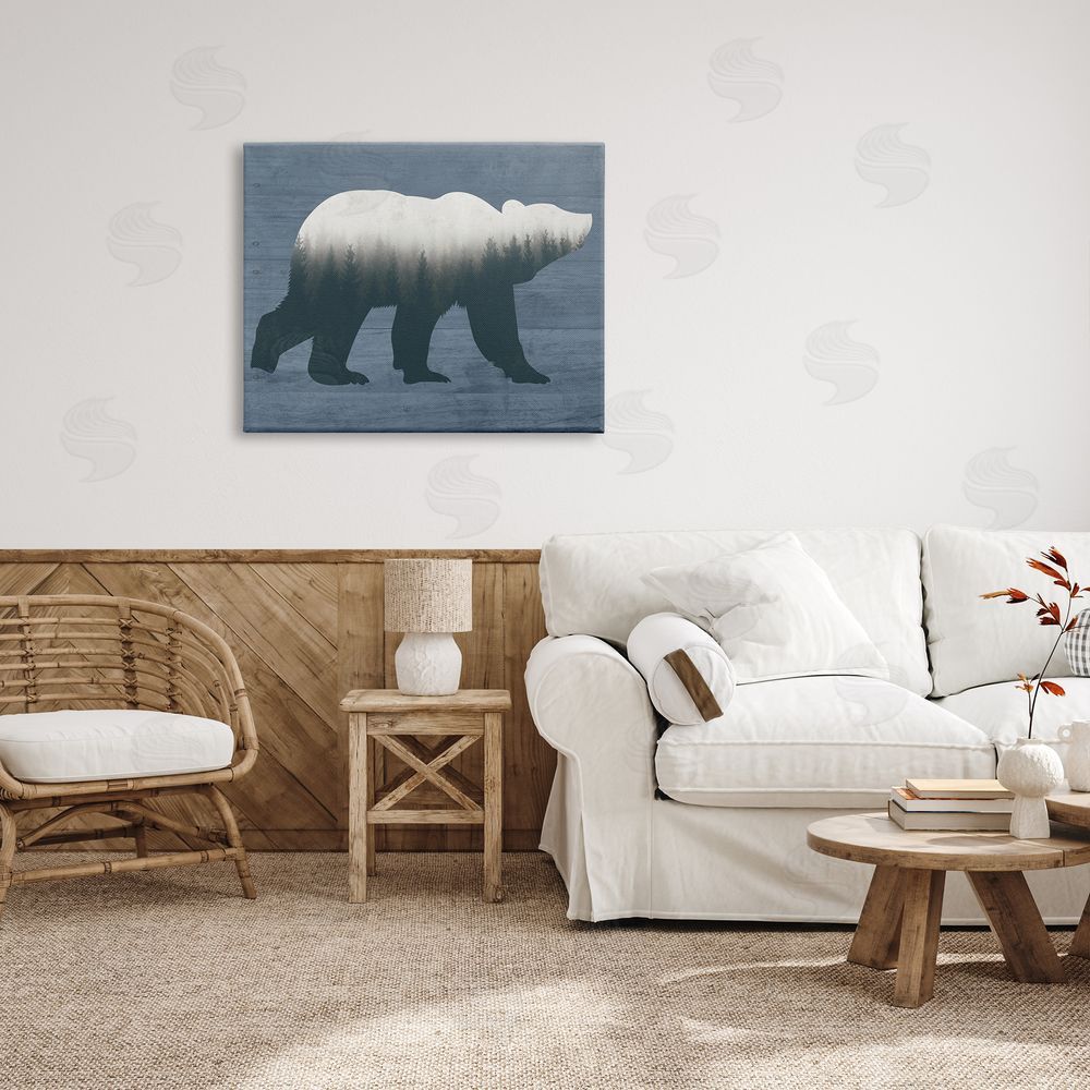 Lettered and Lined Rustic Woodland Trees Bear Silhouette Grainy Pattern Canvas Wall Art Print in Room