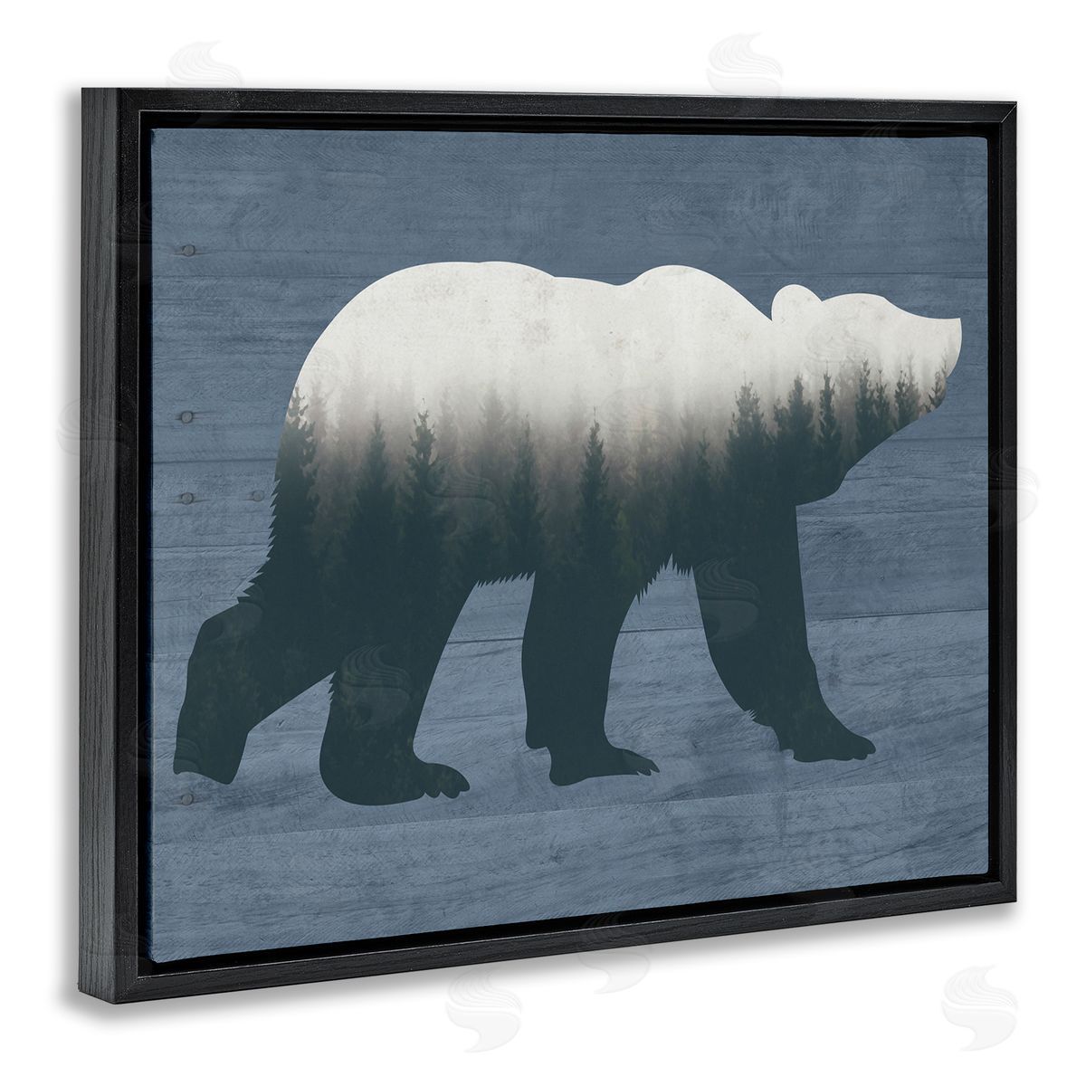 Lettered and Lined Rustic Woodland Trees Bear Silhouette Grainy Pattern Black Floating Frame Canvas Wall Art Print