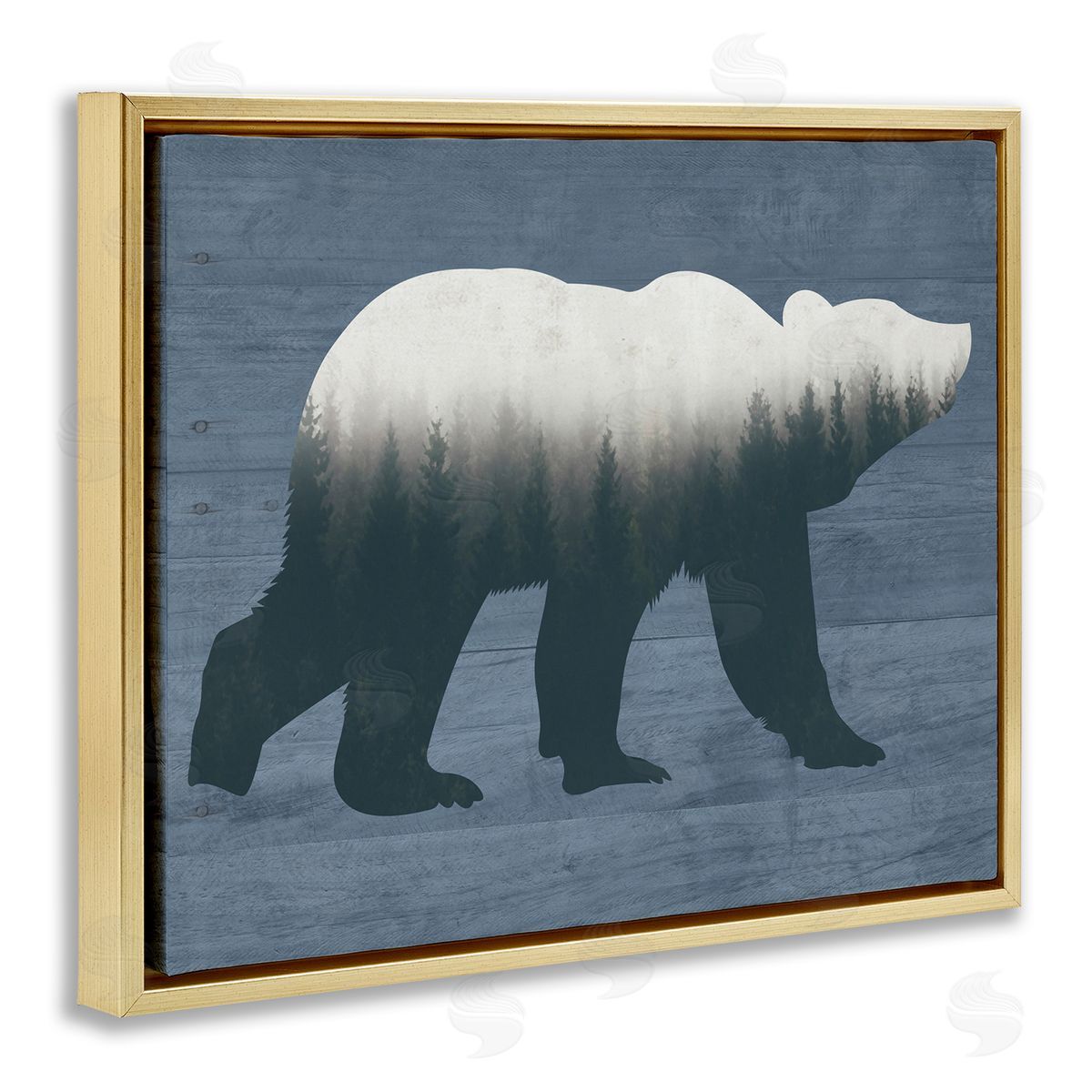 Lettered and Lined Rustic Woodland Trees Bear Silhouette Grainy Pattern Gold Floating Frame Canvas Wall Art Print