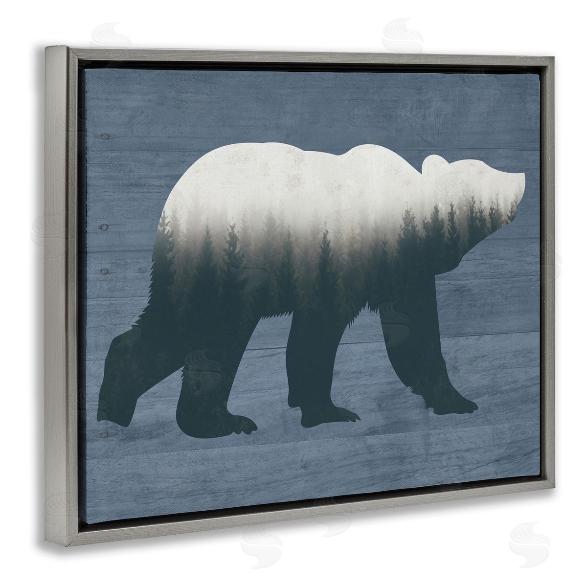 Lettered and Lined Rustic Woodland Trees Bear Silhouette Grainy Pattern Gray Floating Frame Canvas Wall Art Print