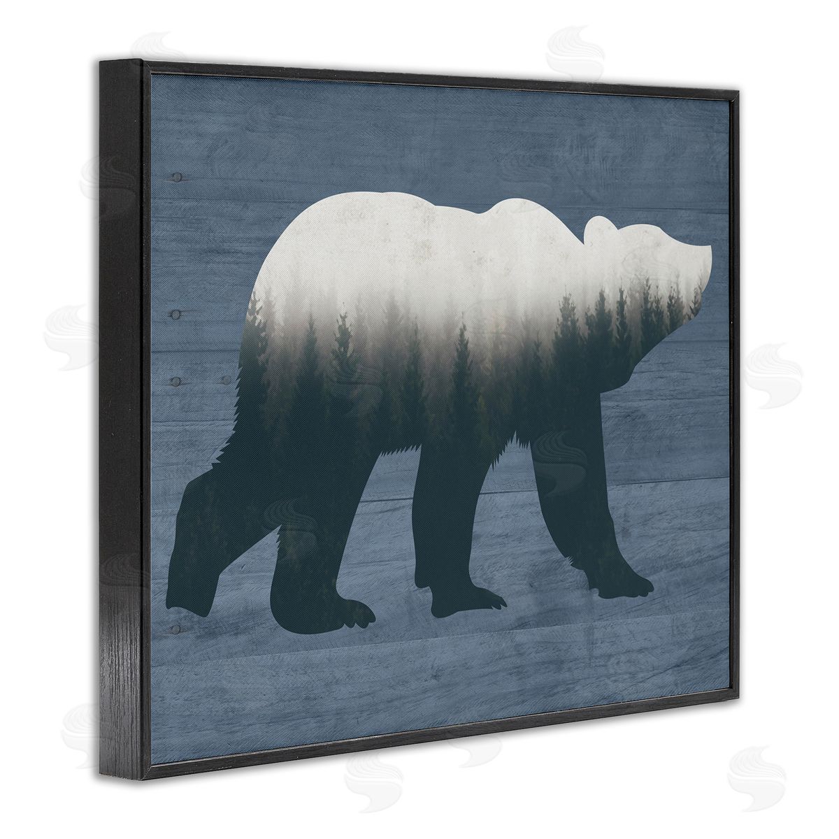 Lettered and Lined Rustic Woodland Trees Bear Silhouette Grainy Pattern Black Framed Giclee Wall Art Print